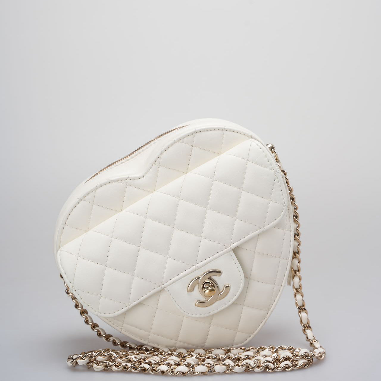 Chanel Big Heart Bag Lambskin Quilted CC In Love Clutch With Chain in White