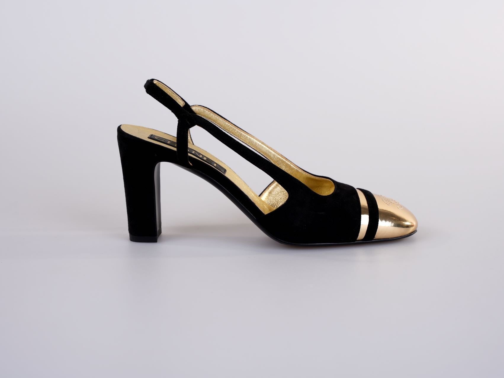 Chanel CC Slingback Heels Black Gold Size 37.5 EU