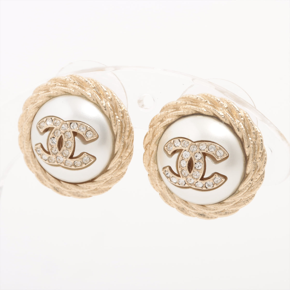 Chanel Coco Pearl Rhinestone Gold Stud Earrings Costume Jewellery