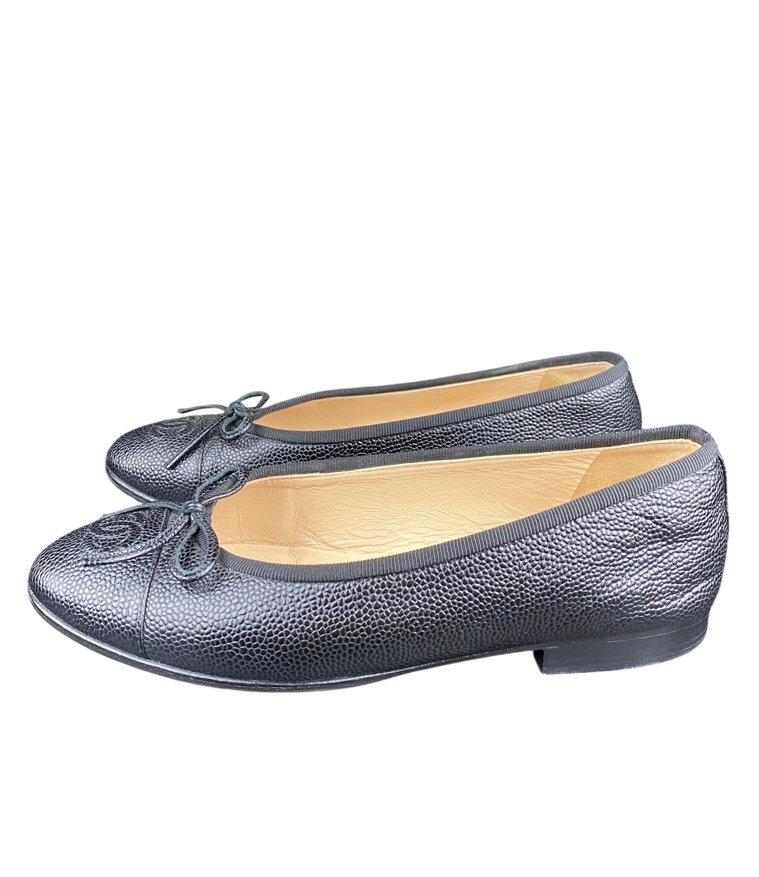 Chanel Black Leather Interlocking CC Bow Logo Flats - 35