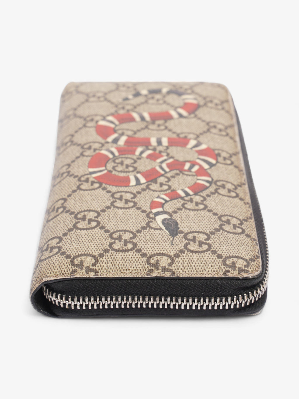 Gucci Snake Zip Around Wallet Beige And Ebony GG Supreme Coated Canvas