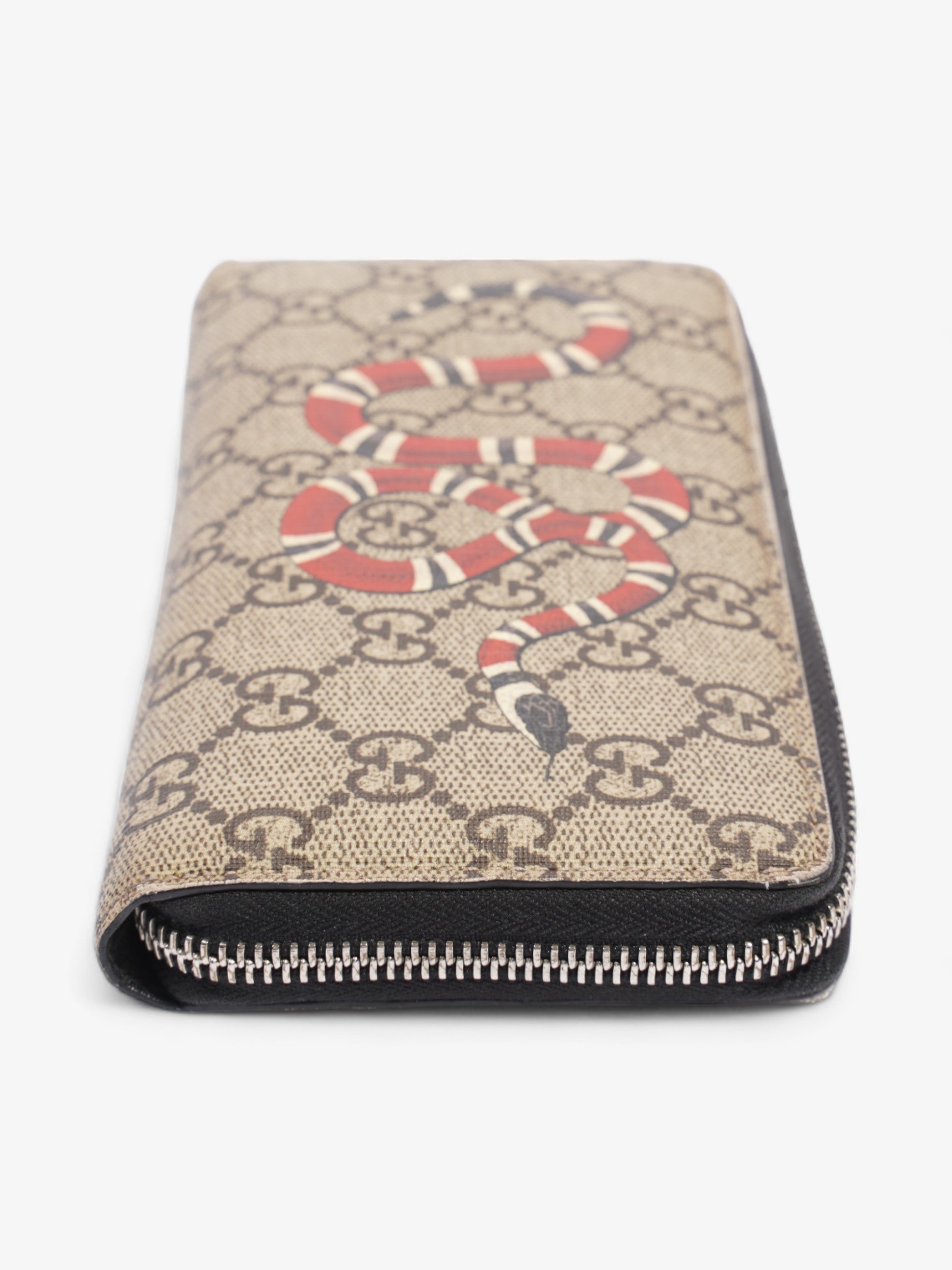 Gucci Snake Zip Around Wallet Beige And Ebony GG Supreme Coated Canvas