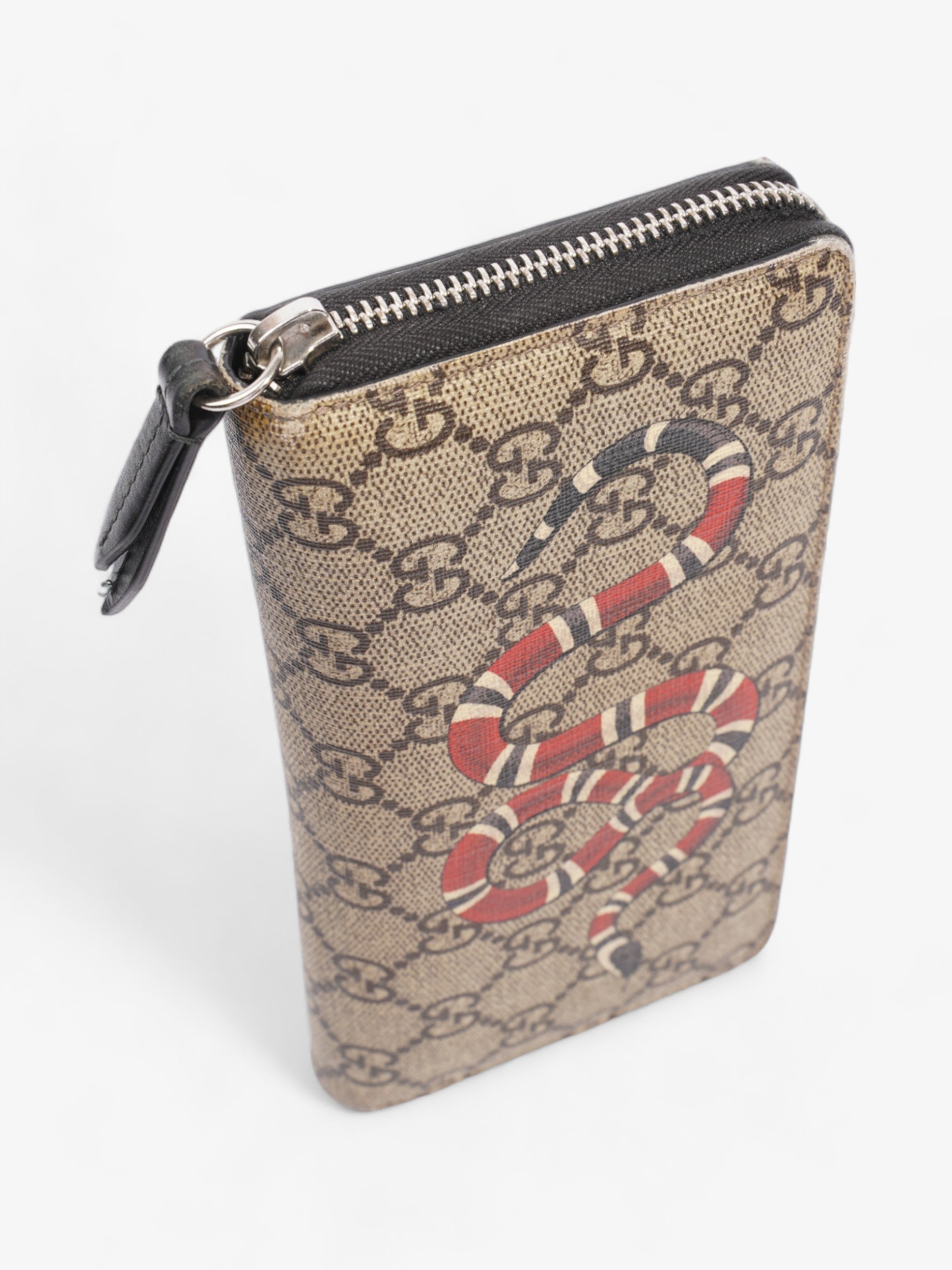 Gucci Snake Zip Around Wallet Beige And Ebony GG Supreme Coated Canvas