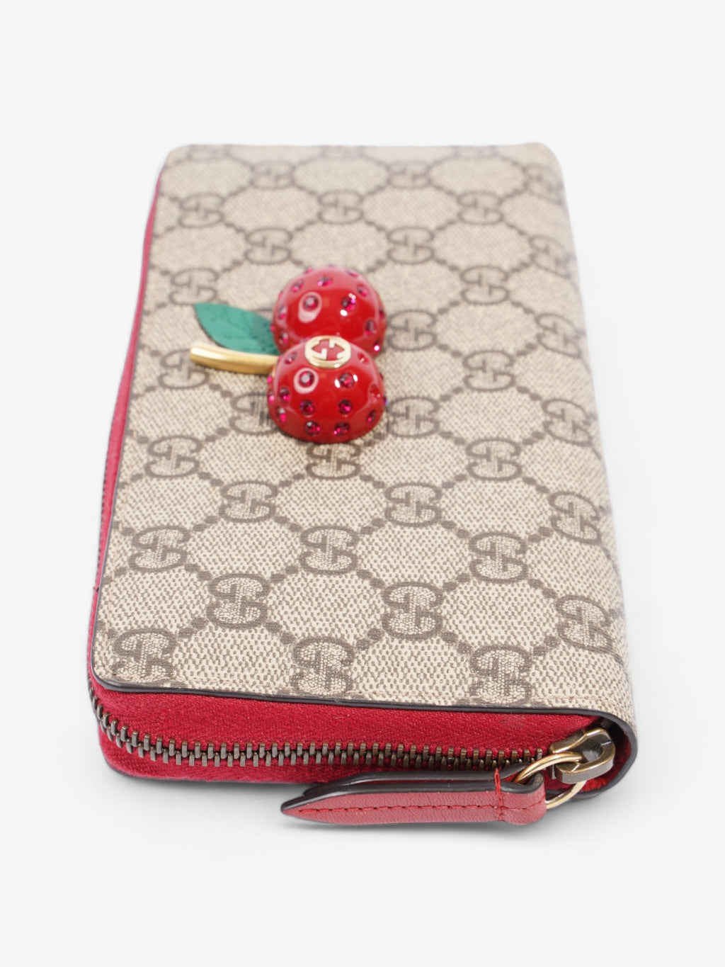 Gucci Zip Around Cherry Wallet Beige And Ebony GG Supreme / Red Coated Canvas