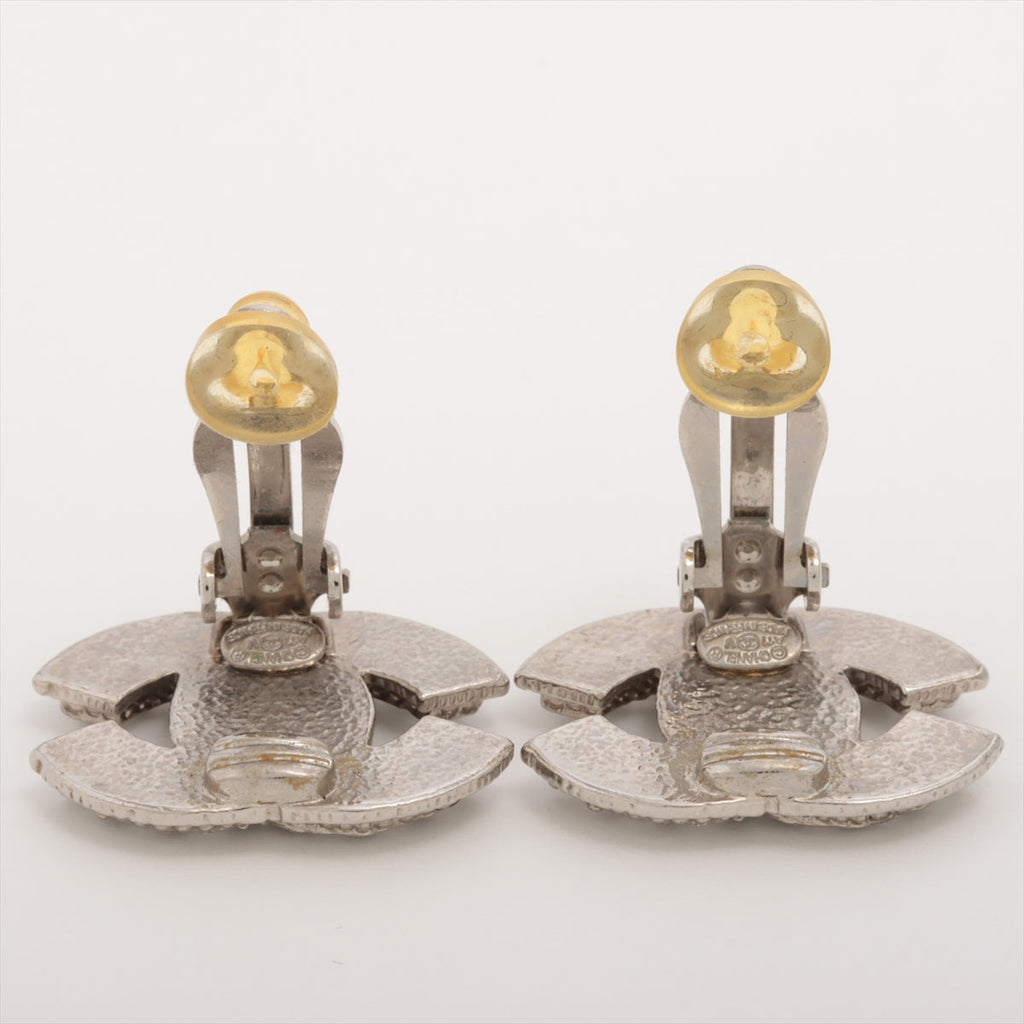 Chanel Coco Logo Rhinestone Silver Clip On Earrings