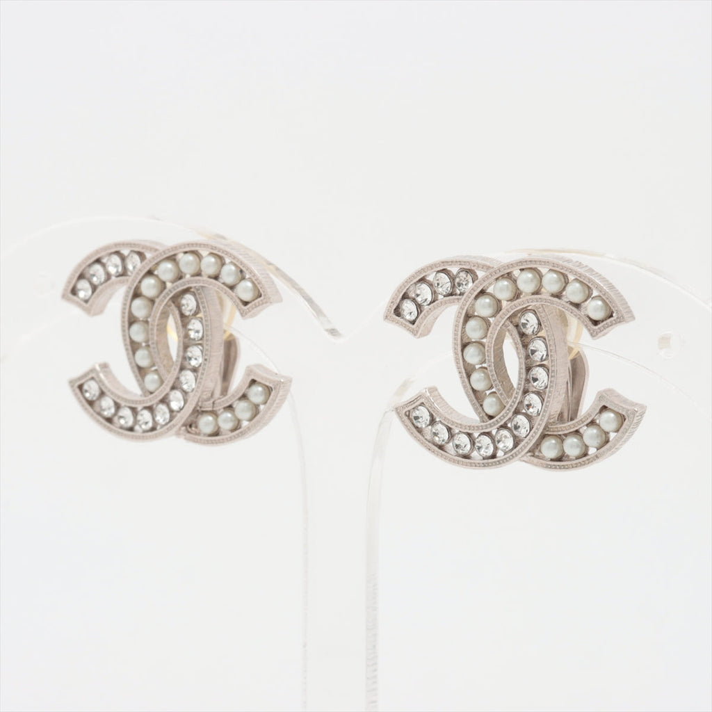 Chanel Coco Rhinestone Pearl Silver Clip On Earrings Costume Jewellery