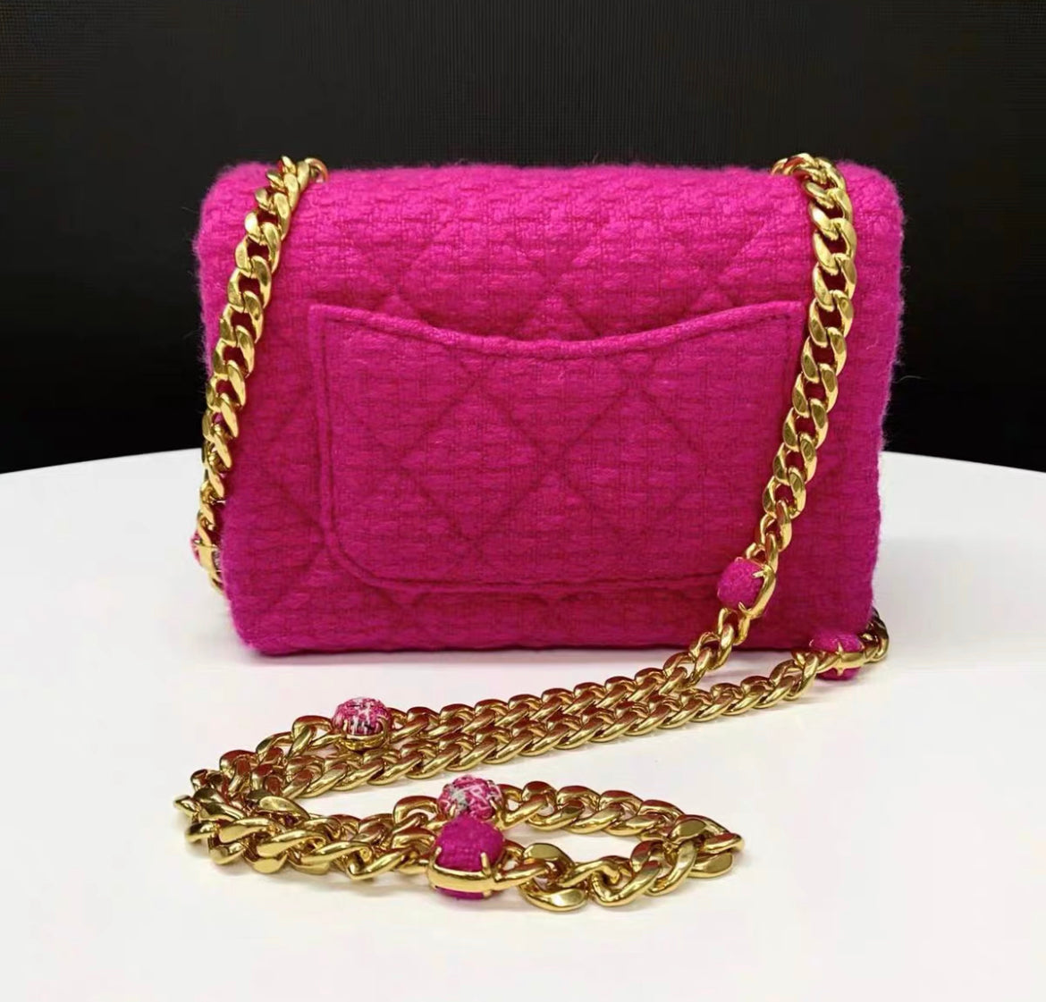 Chanel 22k pink tweed mini flap bag