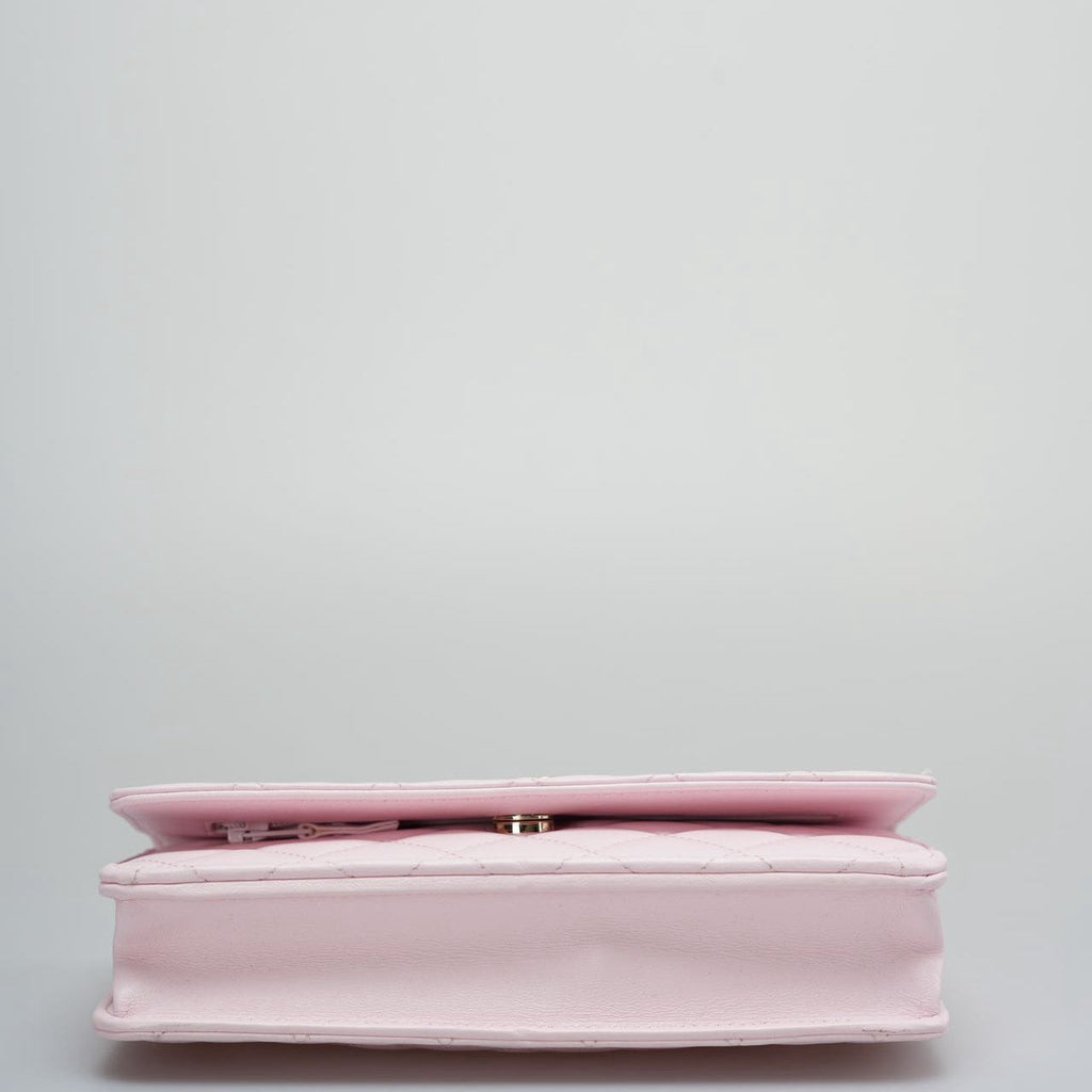 Chanel Baby Pink Wallet on Chain (WOC) in Quilted Lambskin with Pearl Chain – Gold Hardware
