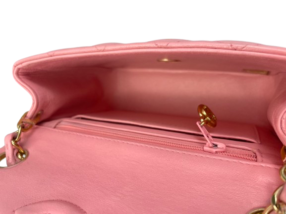 Chanel Vintage Rose Pink Classic Mini Square Flap Bag in Lambskin with Gold Hardware