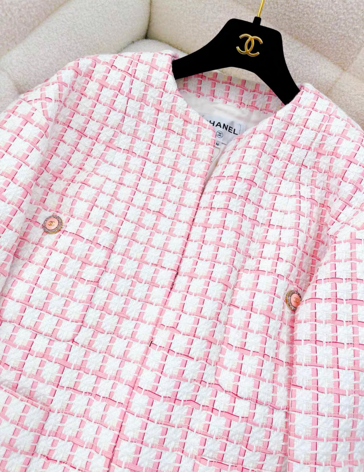 CHANEL SIZE 36 22S TWEED JACKET COTTON/ACRYLIC LIGHT PINK/WHITE