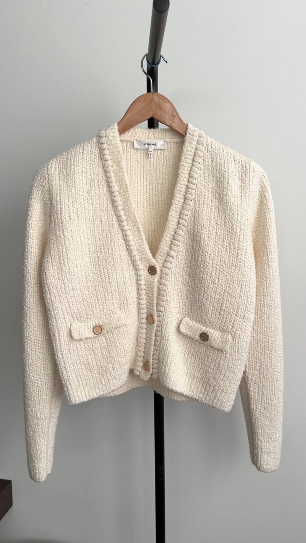 Frame Ivory Boucle Knit igan Sweater with Gold Buttons - S