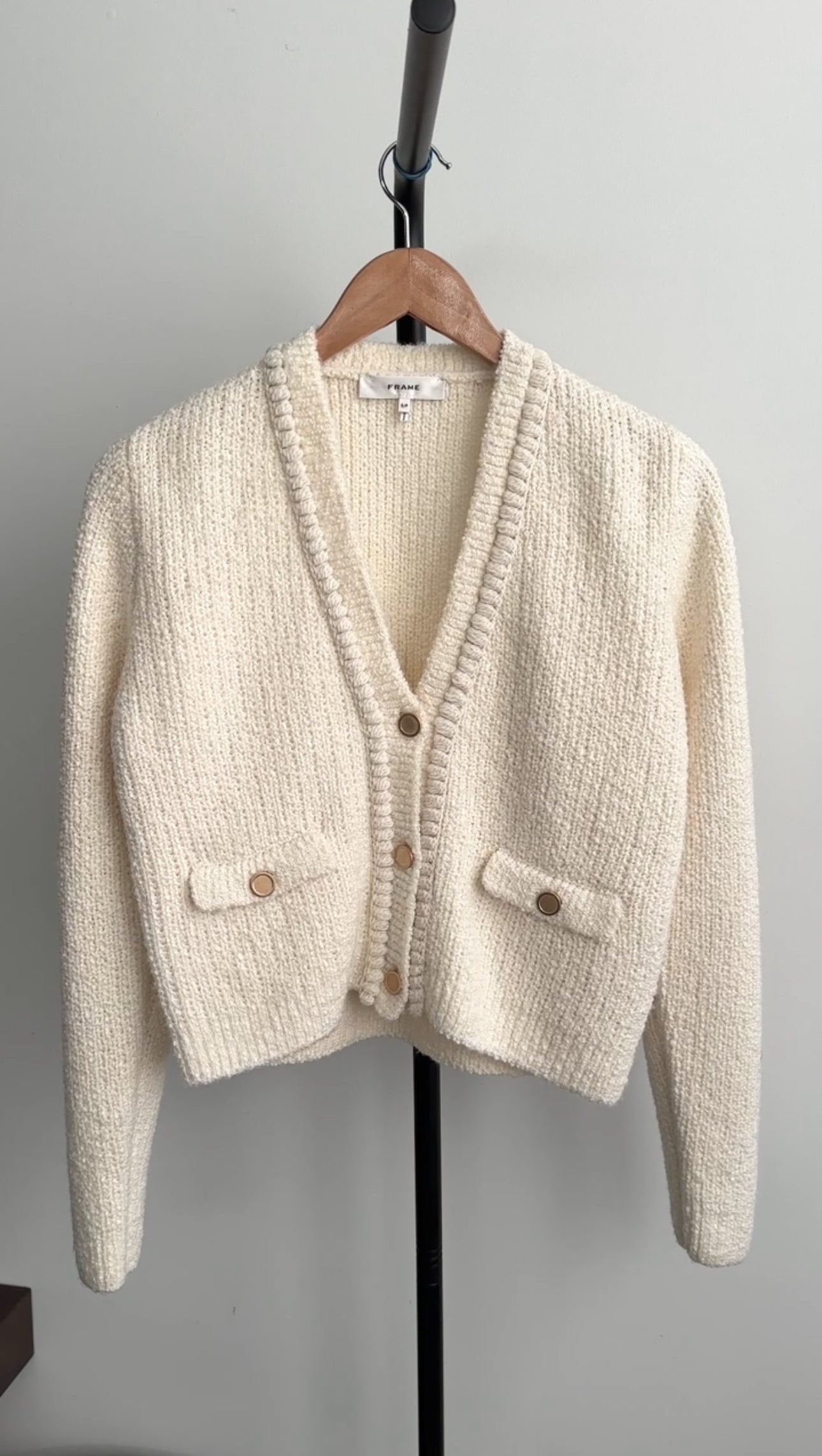 Frame Ivory Boucle Knit igan Sweater with Gold Buttons - S