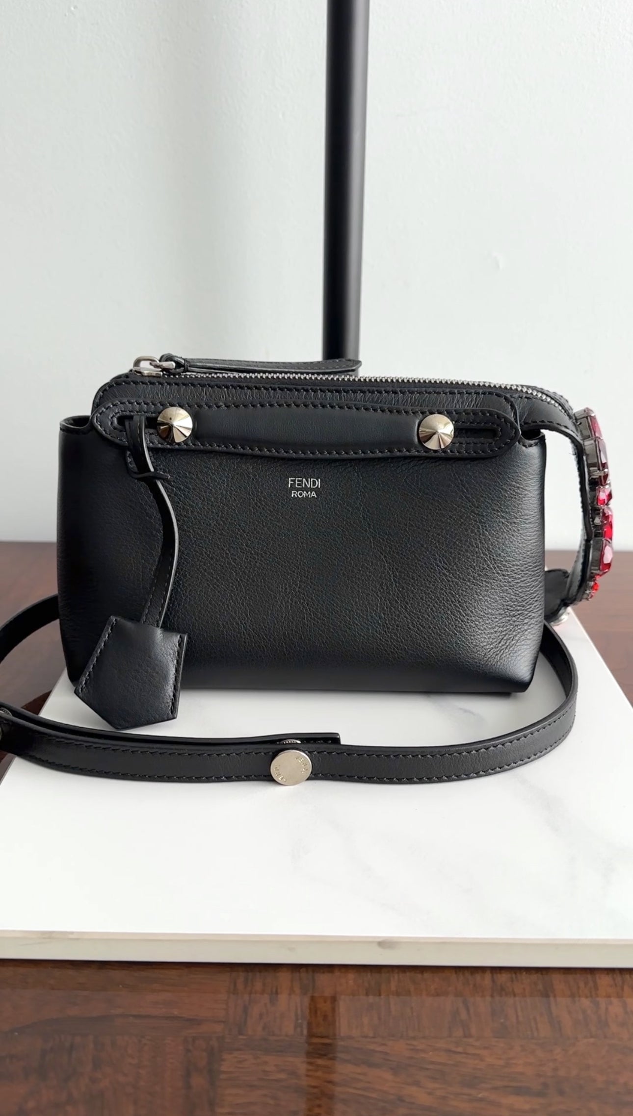 Fendi Black Leather Mini By The Way Red Crystal Crossbody Bag