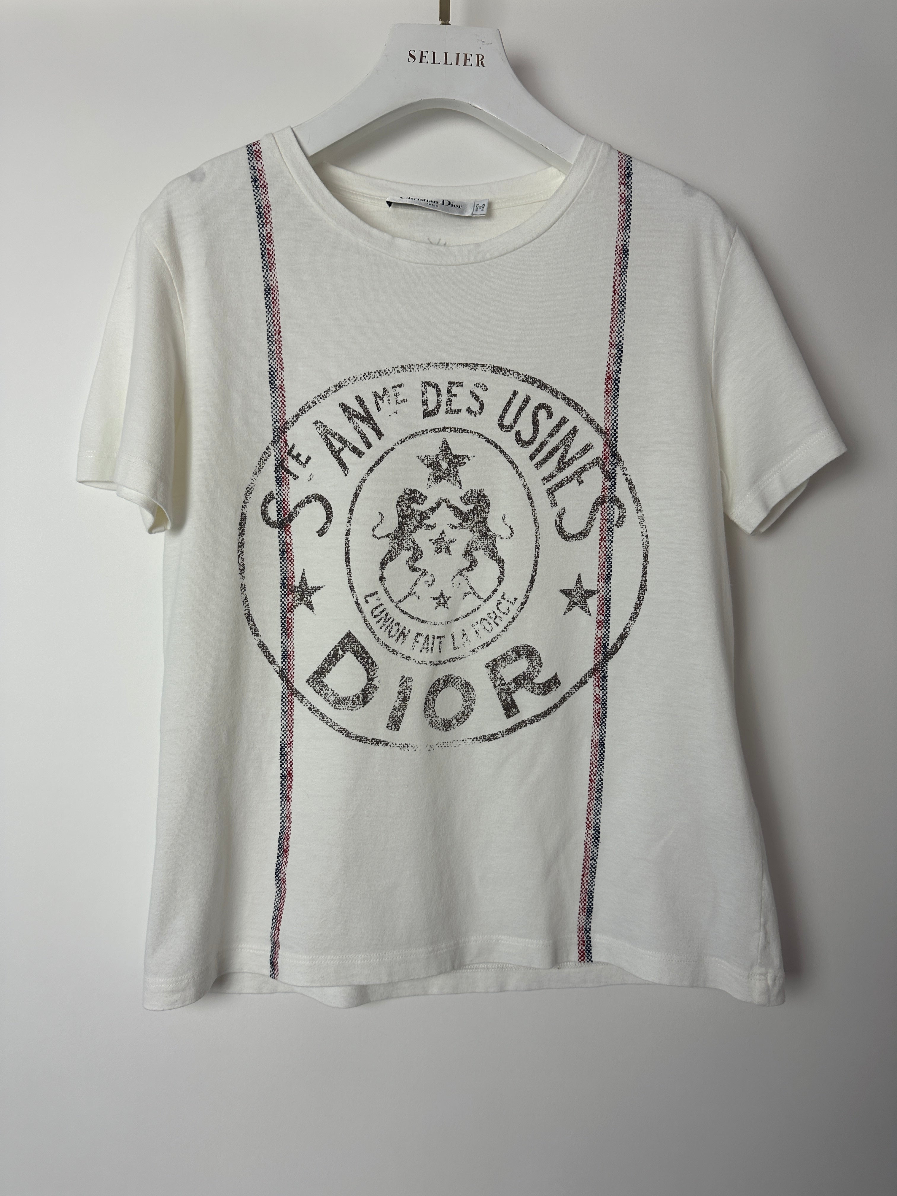 Christian Dior "St Anne Des Usines" White T-Shirt with Stripe and Logo Detail FR 36 (UK 8)
