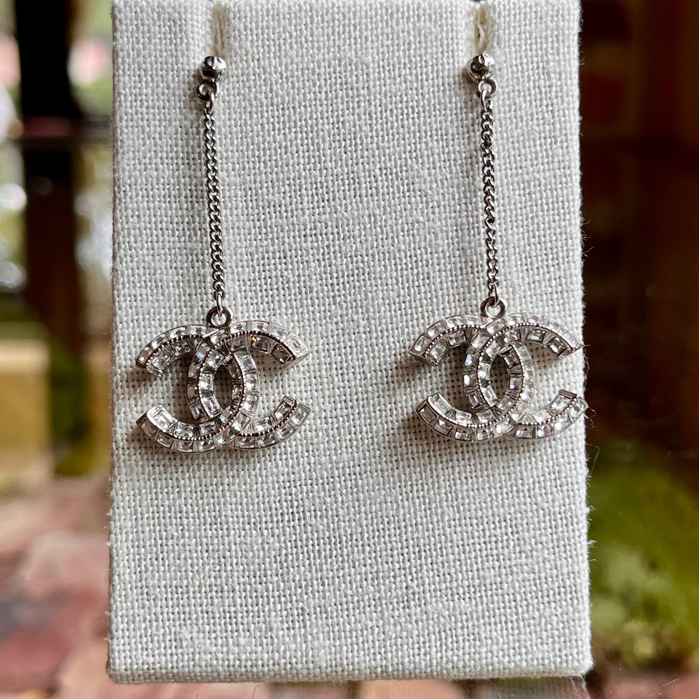 CHANEL CC Drop Baguette Crystal Earrings