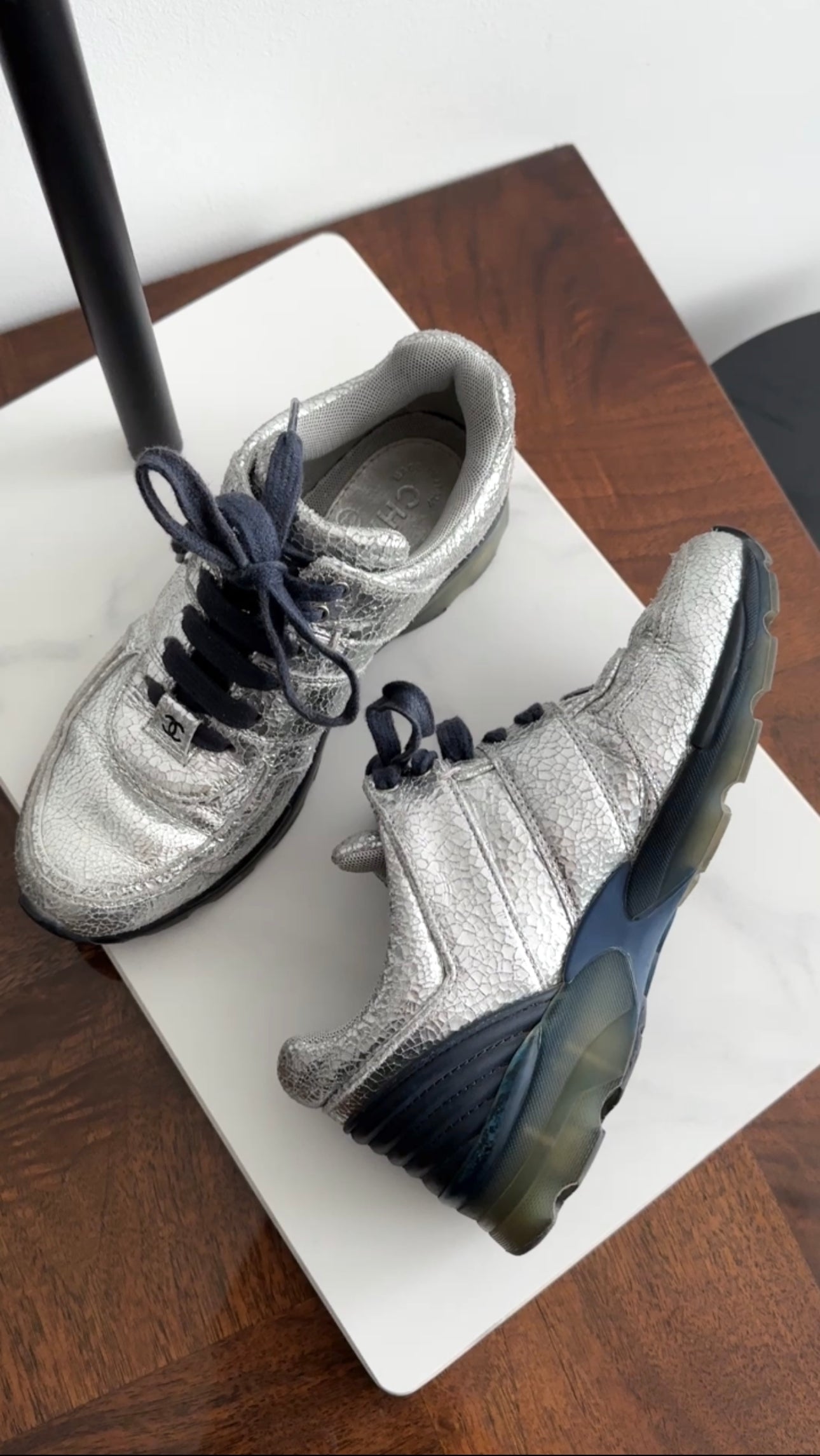 Chanel Silver Crackle Leather and Navy Sneakers - 36