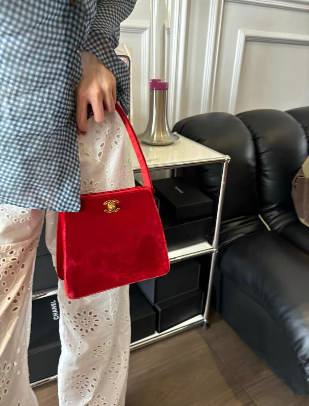 Chanel Rare Vintage Classic Velvet Red Kelly Bag Gold Plated Hardware
