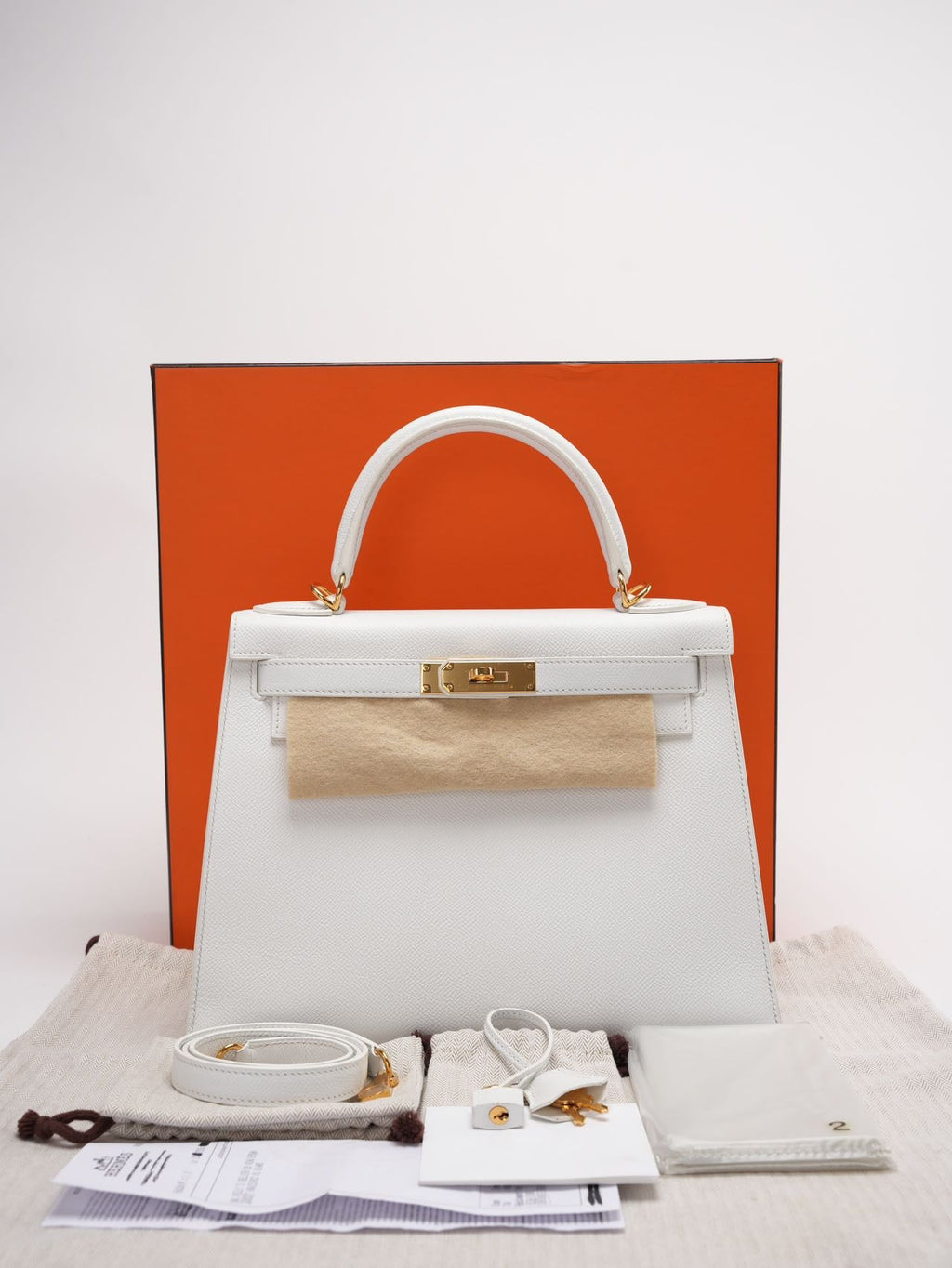 Hermes Kelly 28cm Sellier White Epsom Leather Gold Hardware Top Handle Bag 2015