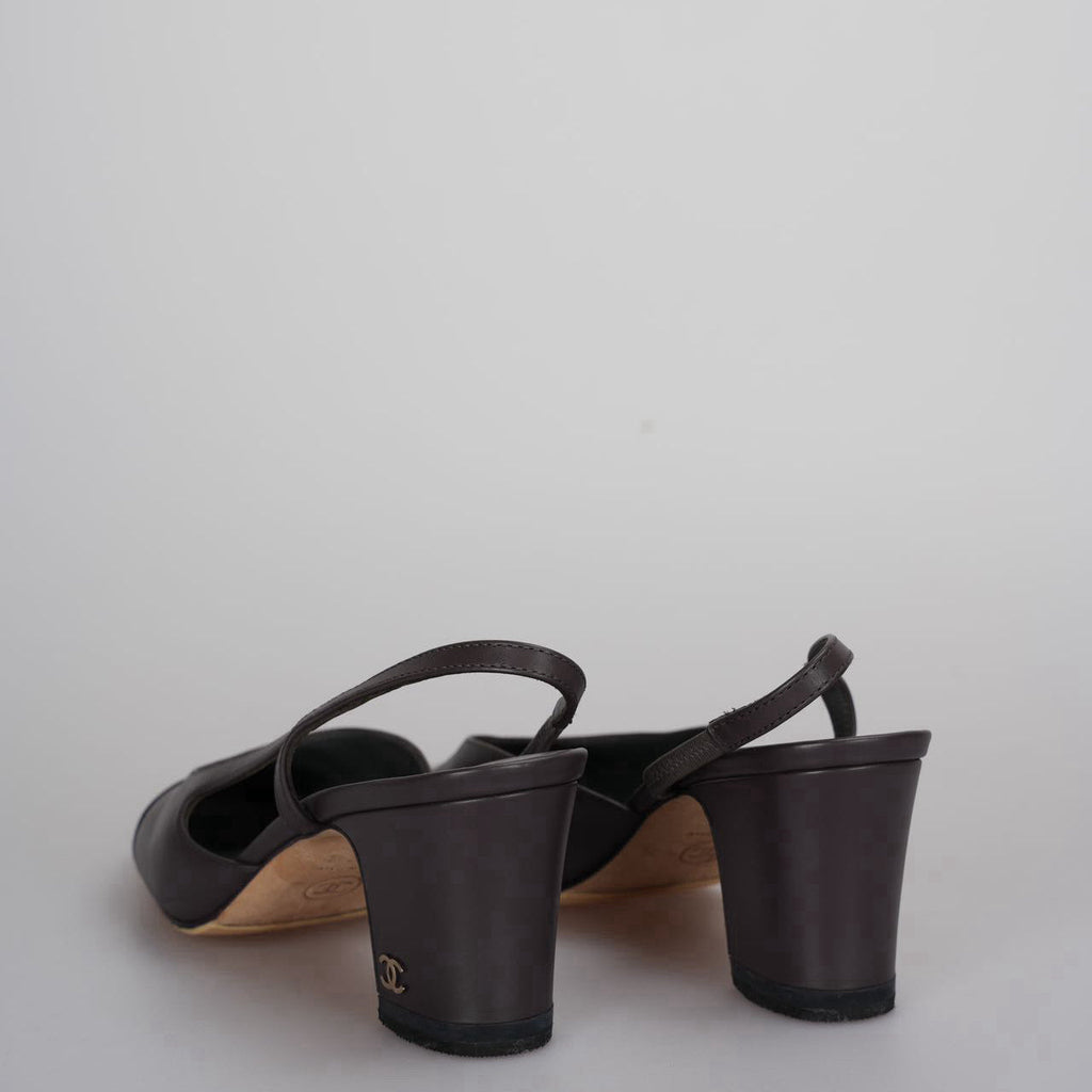 Chanel Black Brown Slingback Pumps with CC logo 35