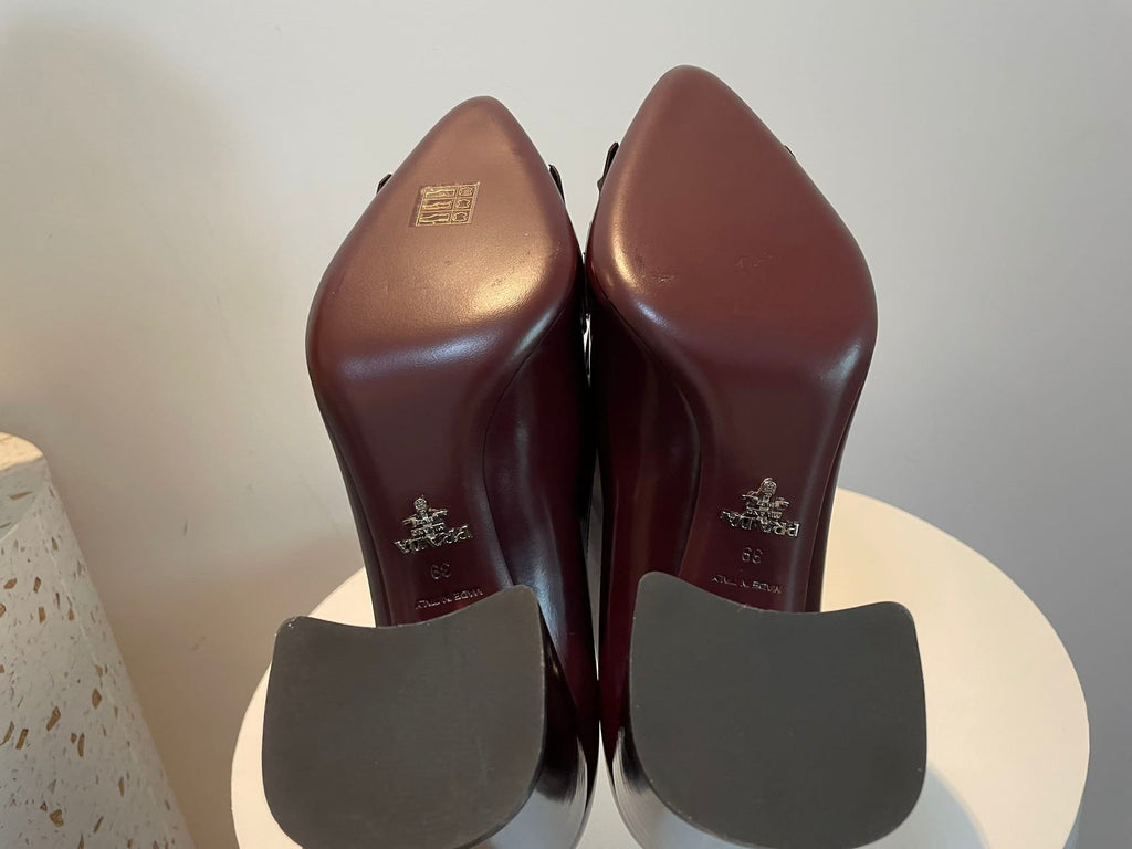Prada Merlot Kiltie Chain Patent Leather Block-heel Pumps 39