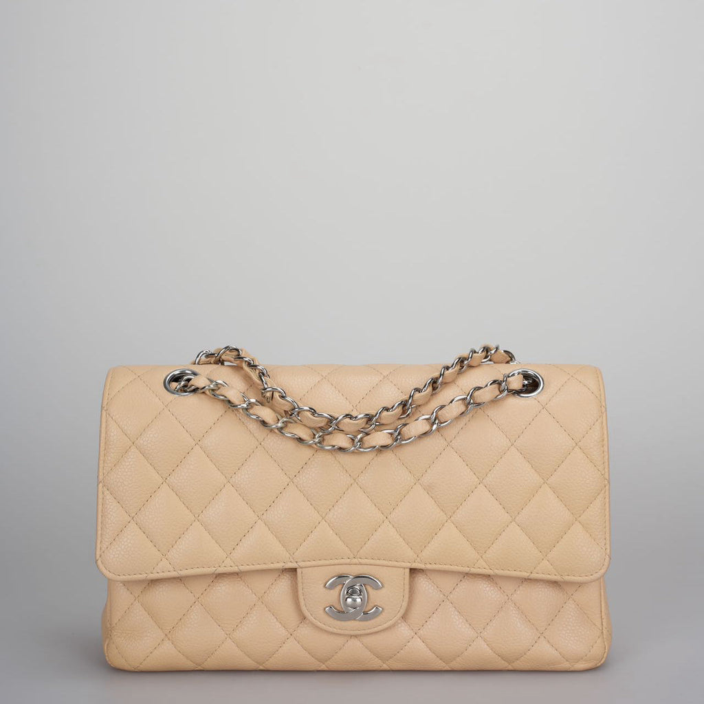 Chanel Beige Classic Double Flap Bag Medium in Quilted Caviar Leather with Silver Hardware