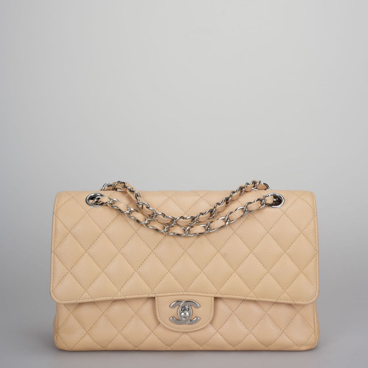 Chanel Beige Classic Double Flap Bag Medium in Quilted Caviar Leather with Silver Hardware