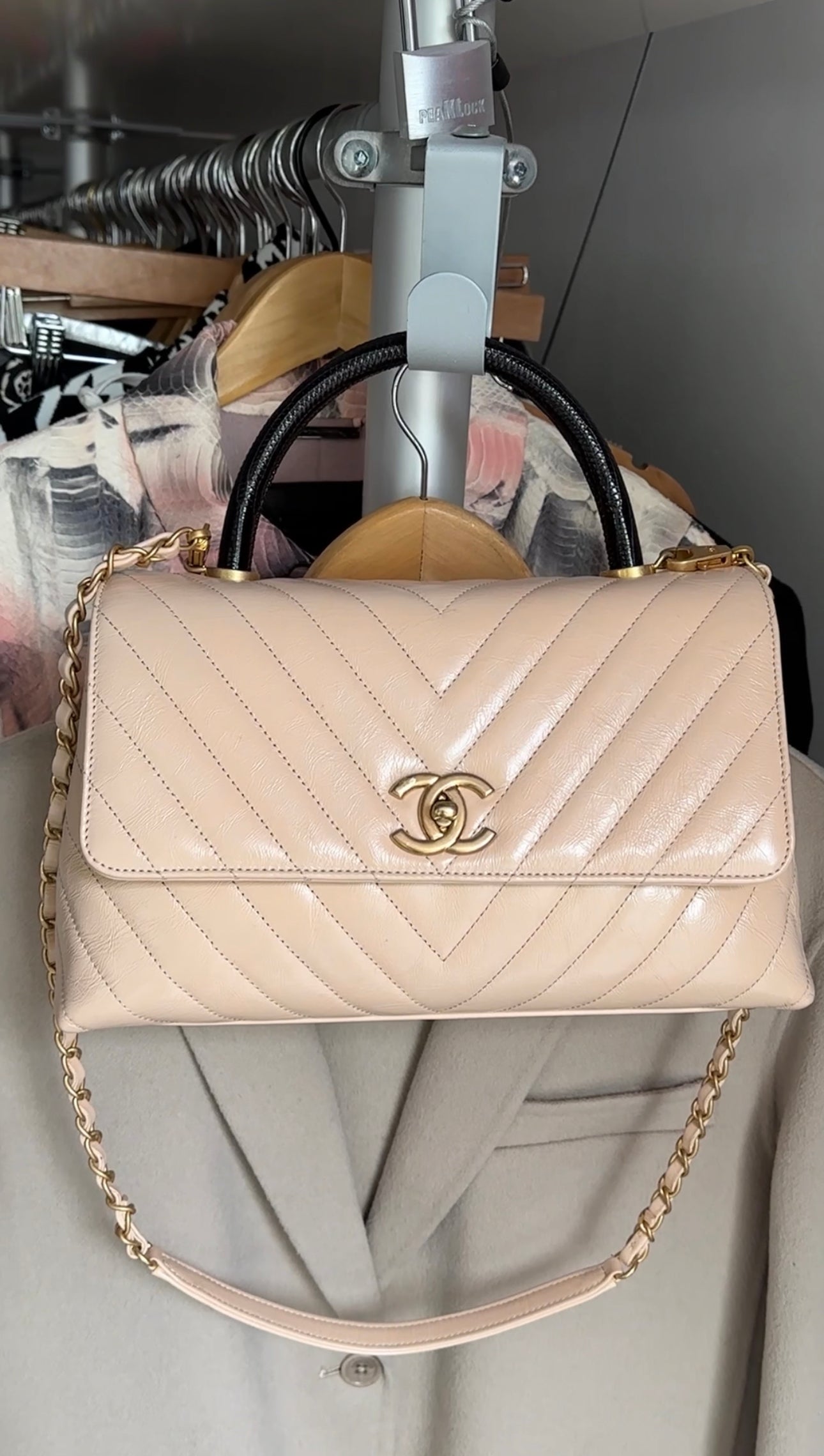Chanel Nude Chevron Aged Leather and Exotic Top Handle Flap Bag