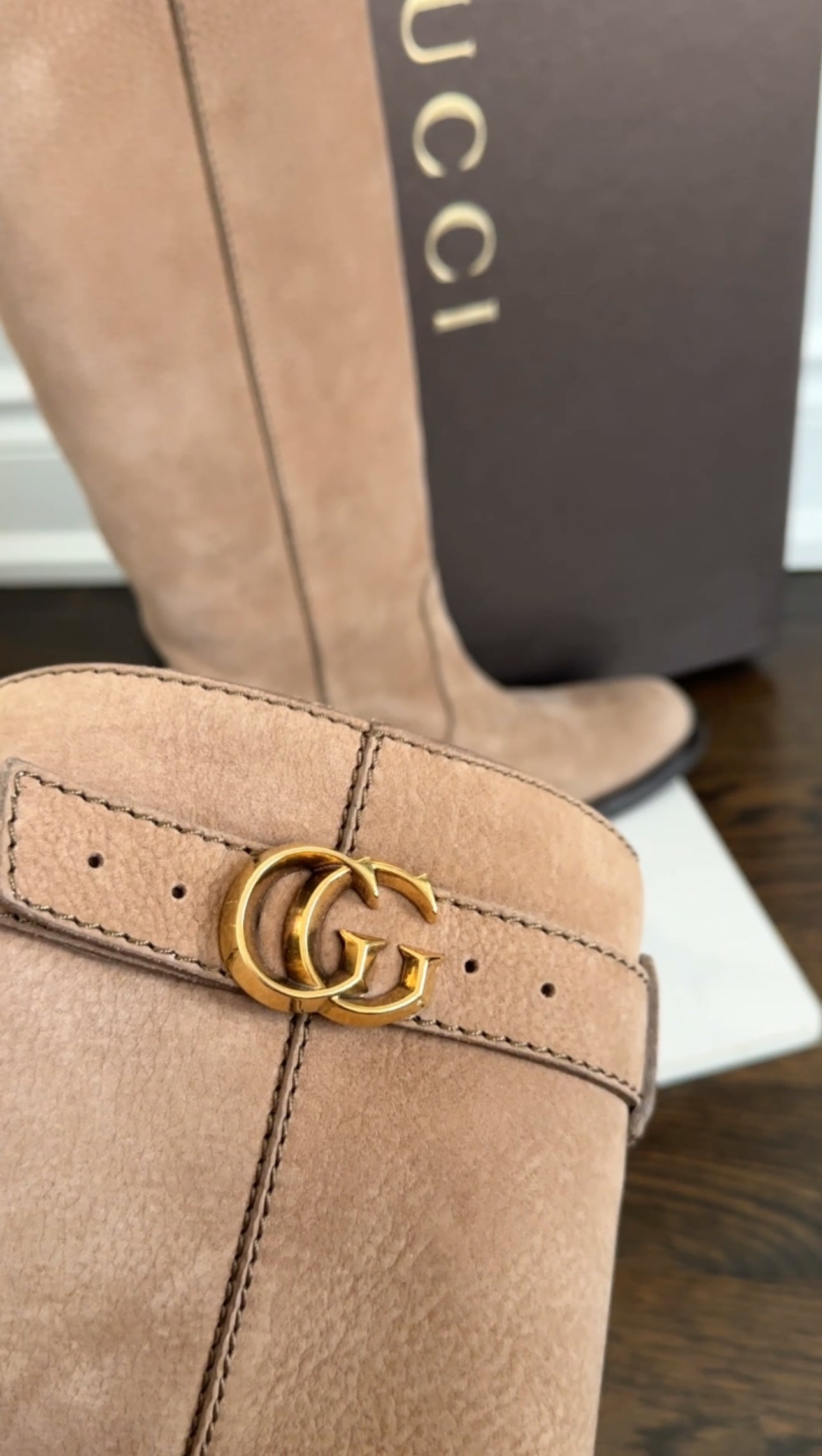 Gucci Taupe Brown Nubuck Leather Tall Boots with GG Logo - 36.5