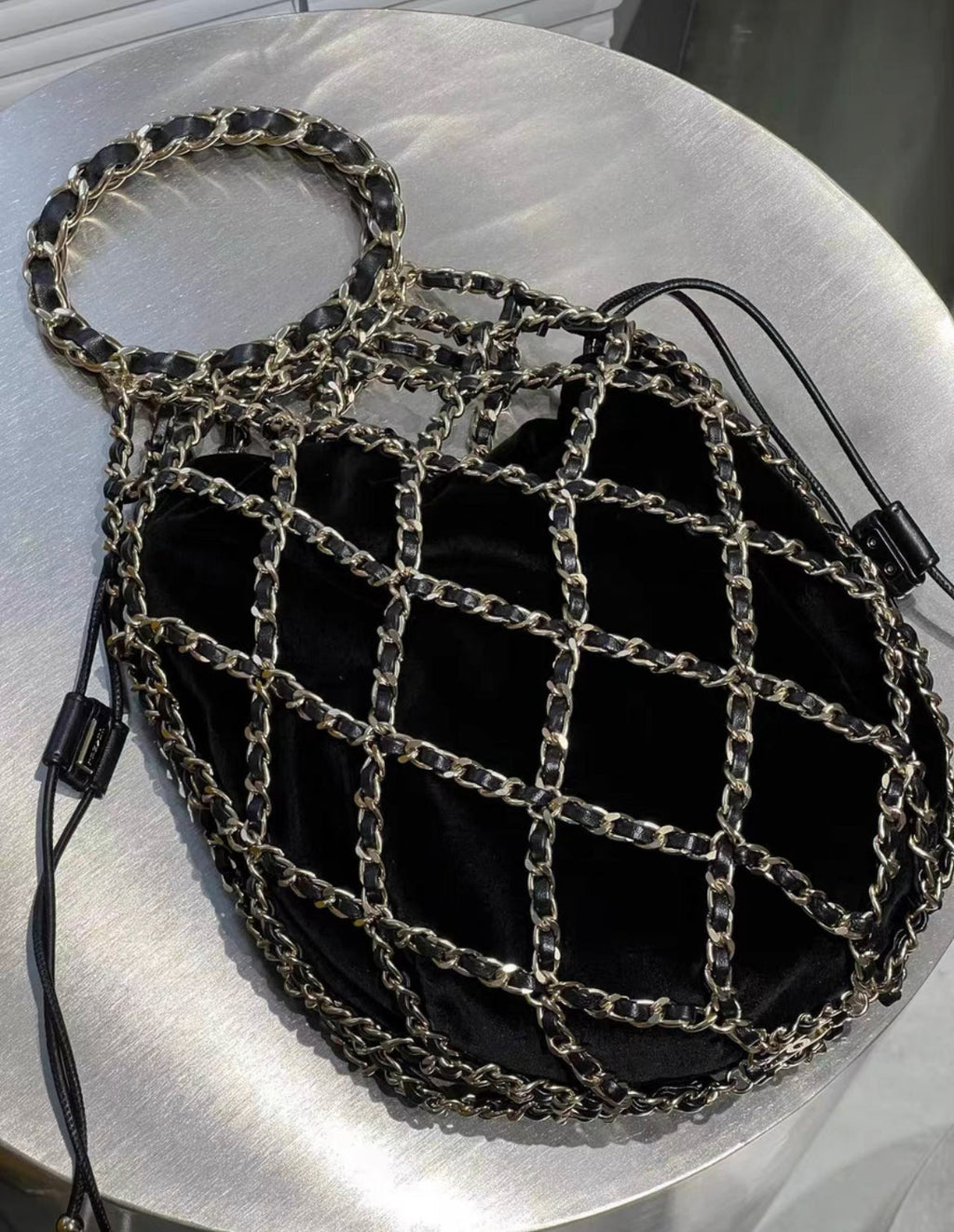 CHANEL 2021 RUNWAY BLACK VELVET DRAWSTRING BAG WITH GOLD HARDWARE