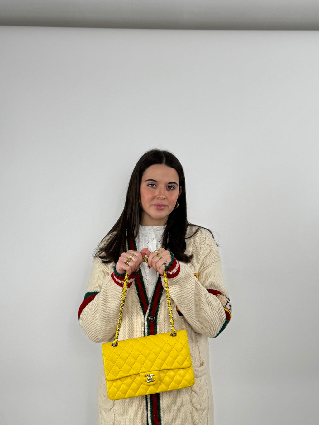 Chanel Yellow Classic Double Flap Bag Medium in Lambskin Leather with Silver Hardware