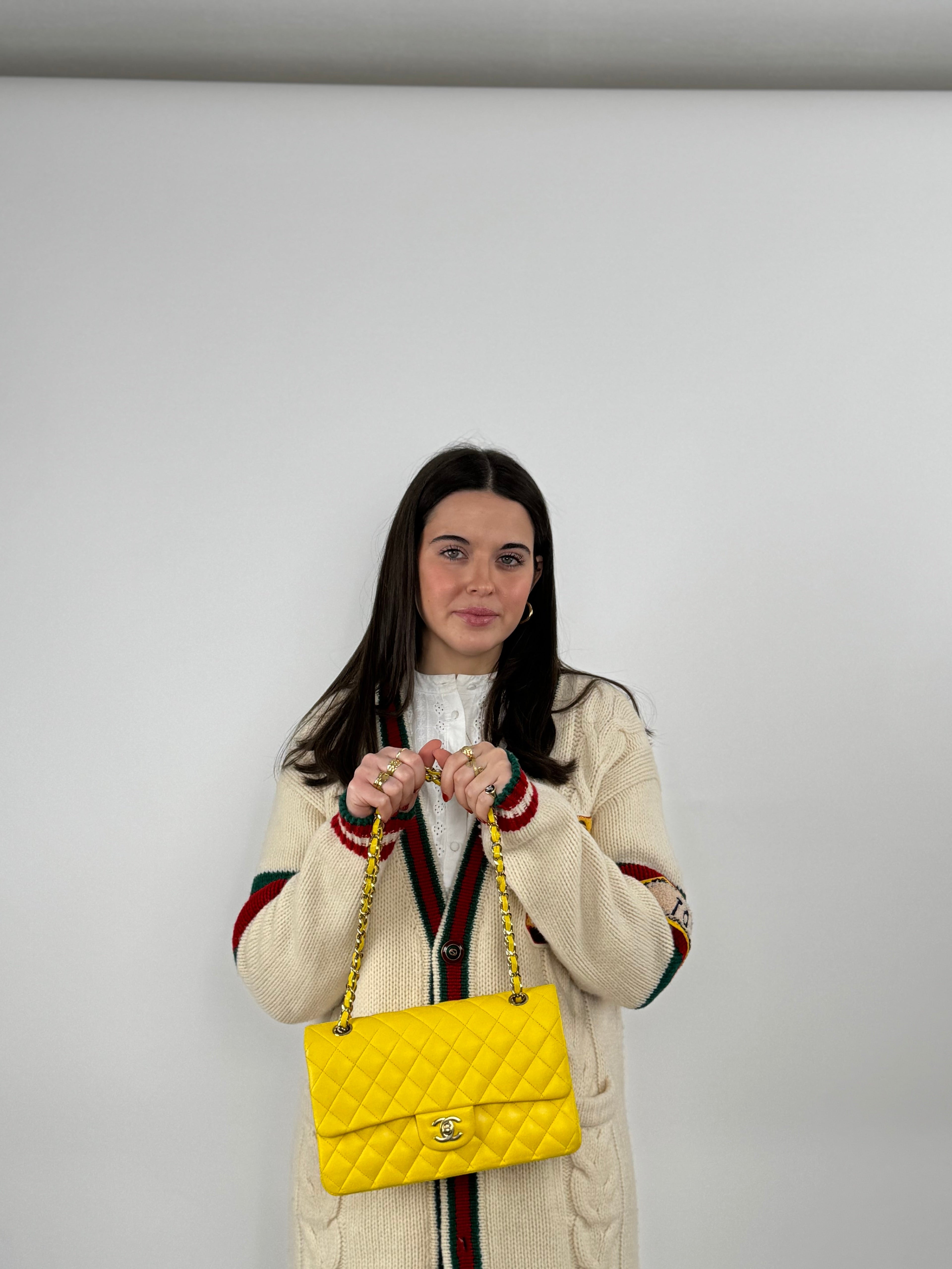 Chanel Yellow Classic Double Flap Bag Medium in Lambskin Leather with Silver Hardware