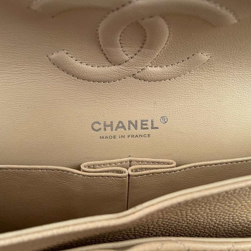 Chanel Beige Classic Double Flap Bag Medium in Quilted Caviar Leather with Silver Hardware