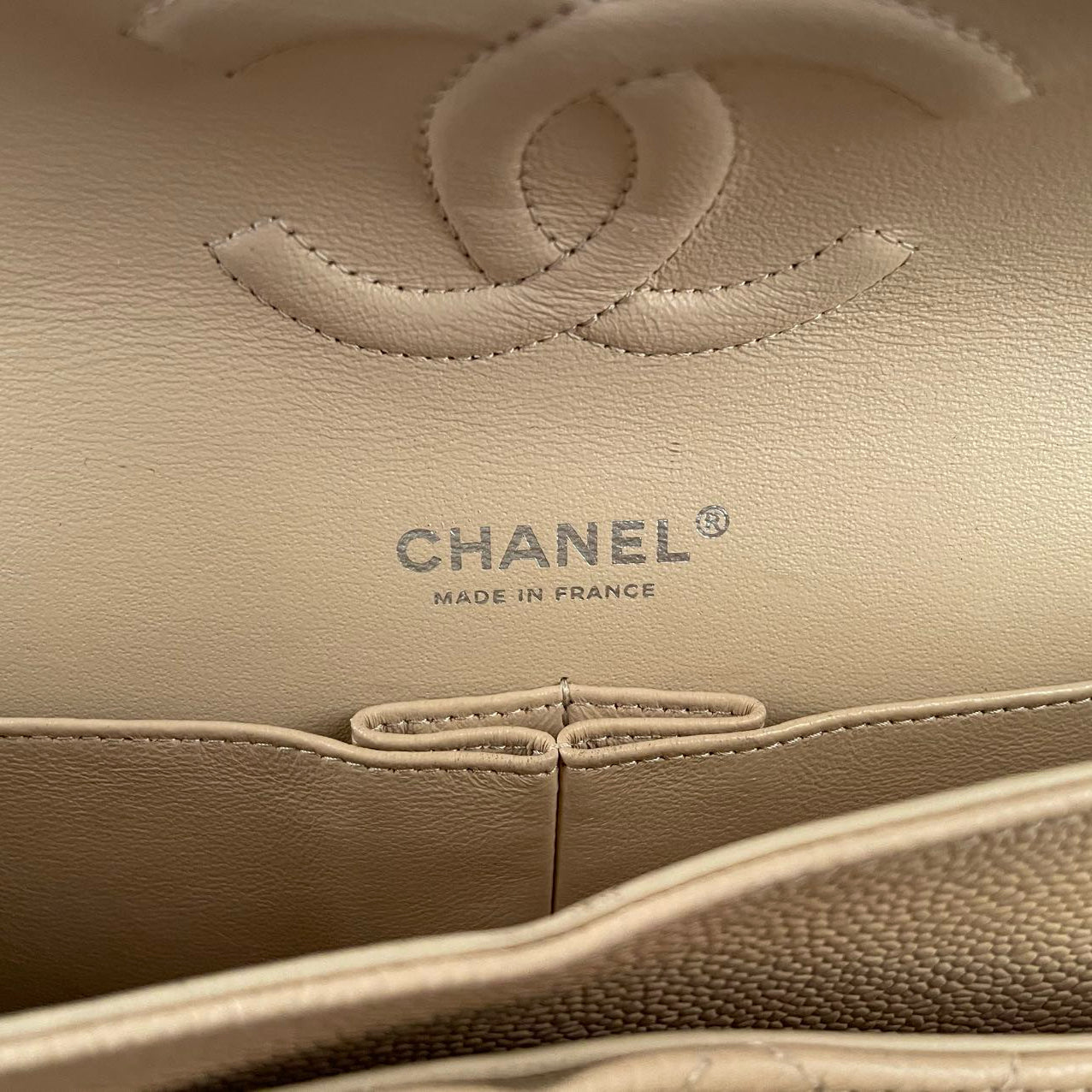 Chanel Beige Classic Double Flap Bag Medium in Quilted Caviar Leather with Silver Hardware