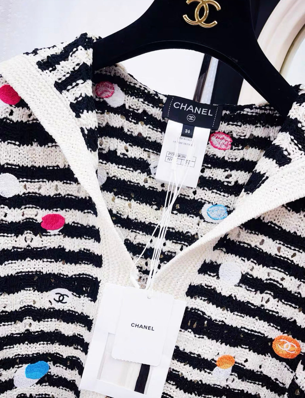 Chanel 24S black and white striped colorful polka dot navy collar knitted top size 36