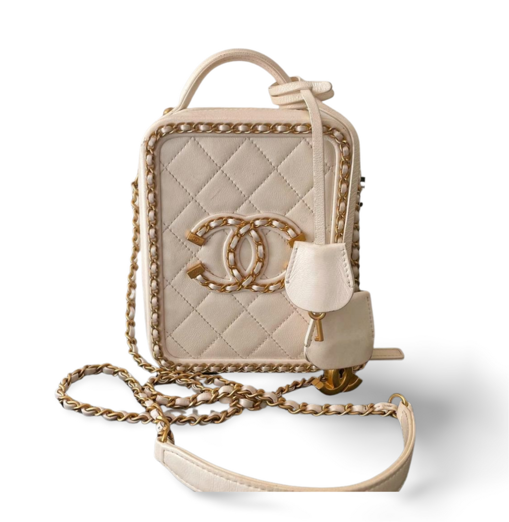 Chanel White Vanity Case Bag in Lambskin Leather