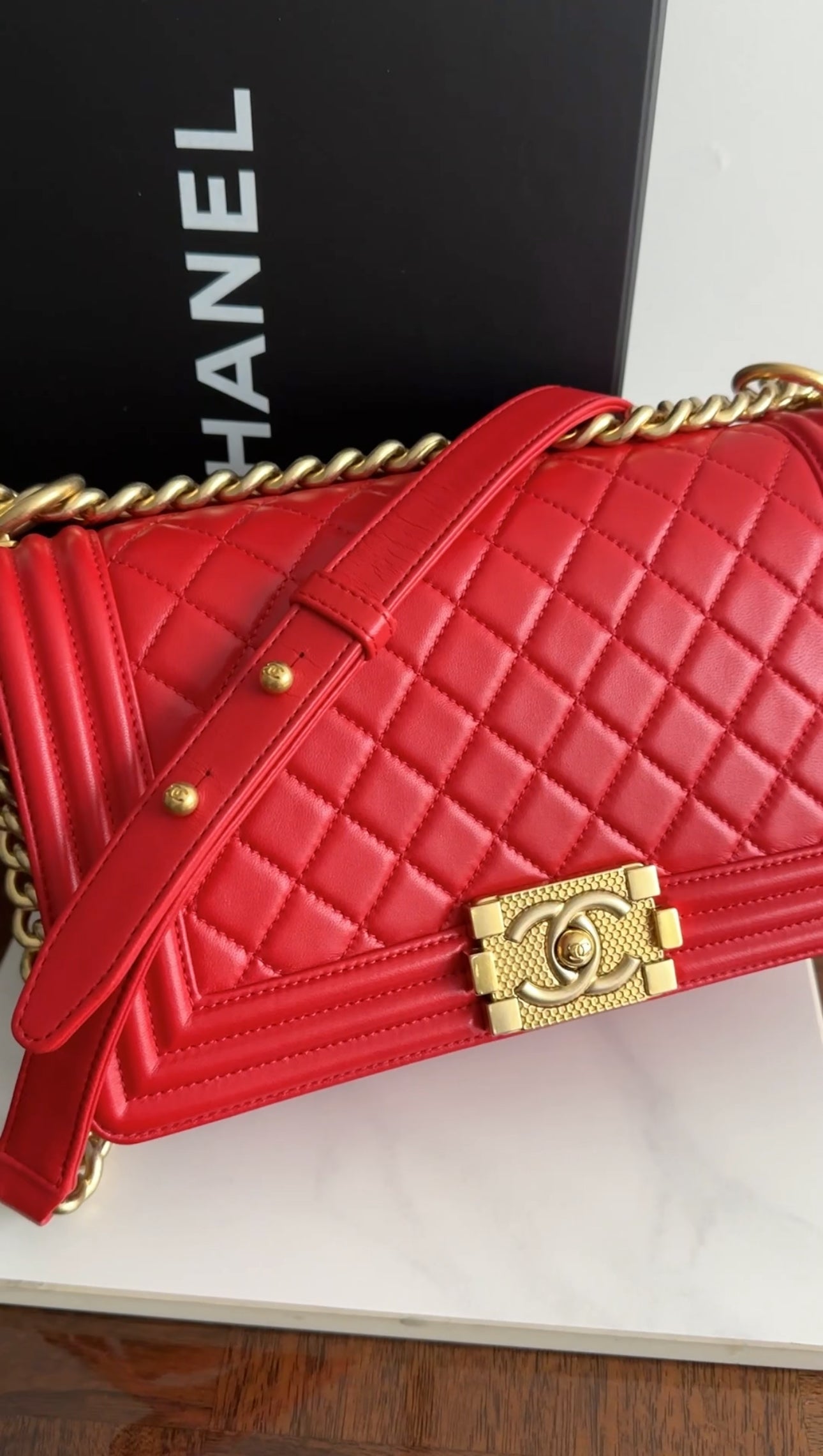 Chanel Red Quilted Lambskin Leather Medium Le Boy Bag GHW