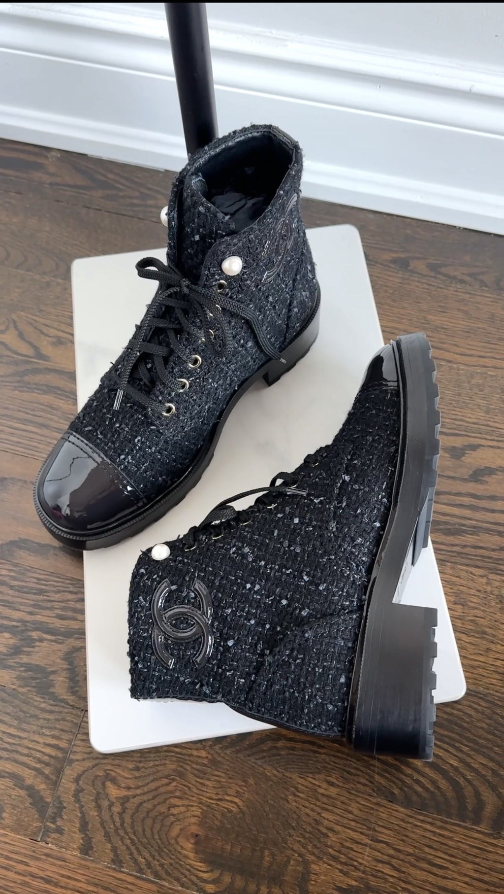 Chanel Black Tweed CC Pearl Cap Toe Lace Up Ankle Boots - 40C