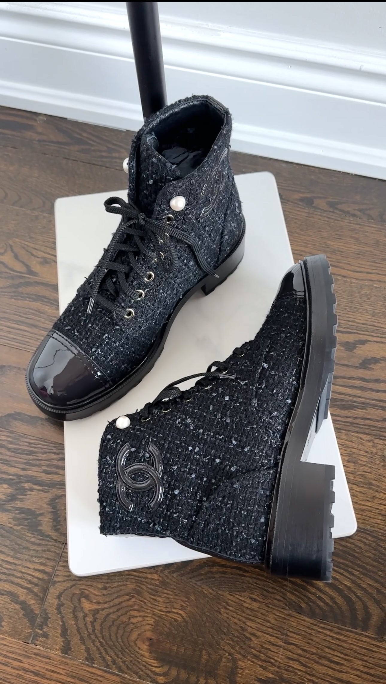 Chanel Black Tweed CC Pearl Cap Toe Lace Up Ankle Boots - 40C