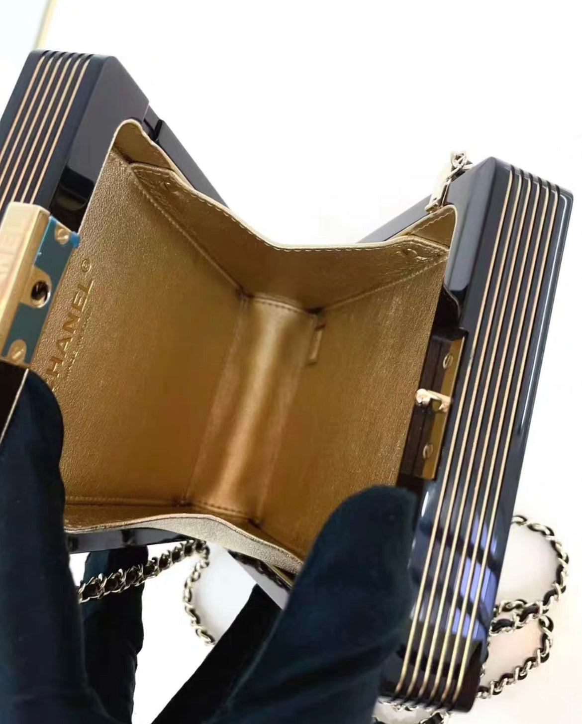 CHANEL Plexiglass Pearl Playing  Casino Minaudiere Clutch Black Gold