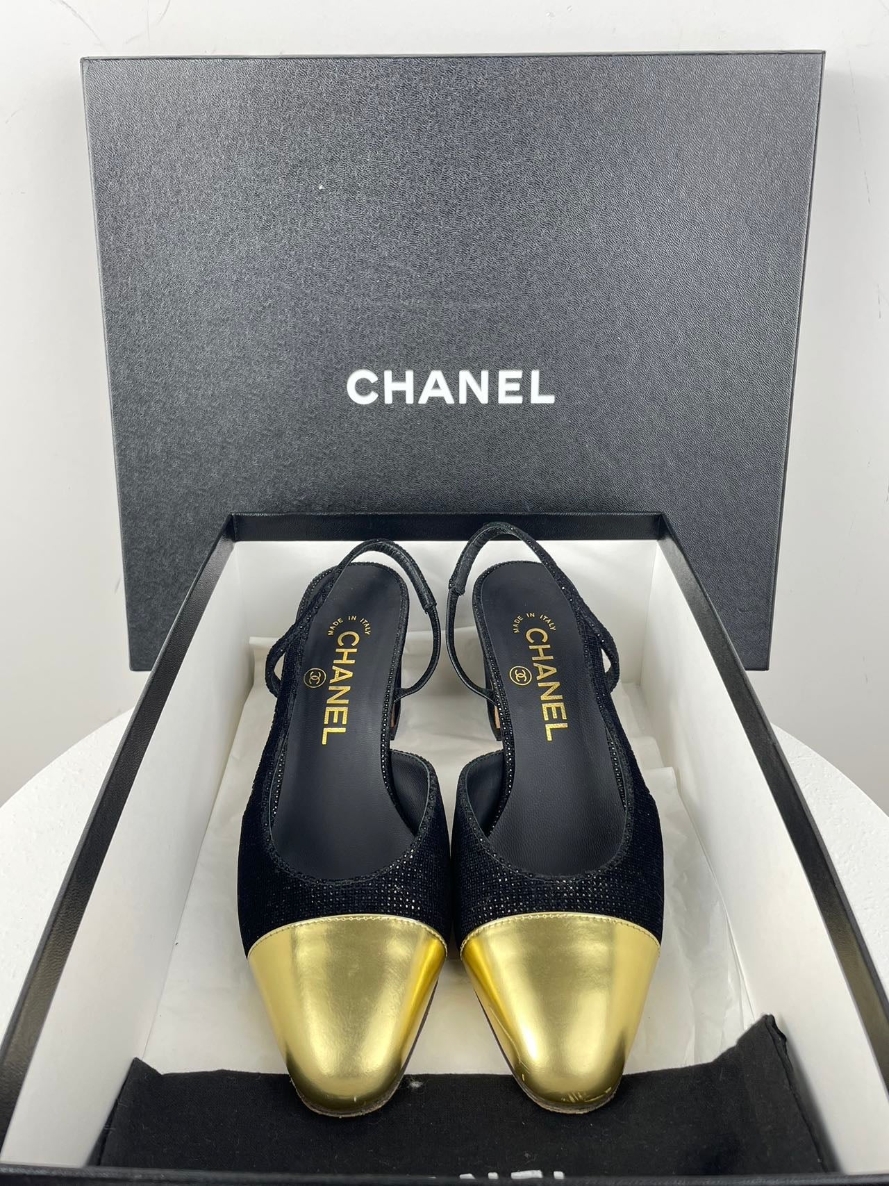 Chanel Tweed Black Gold Slingback Pumps with CC Logo 36