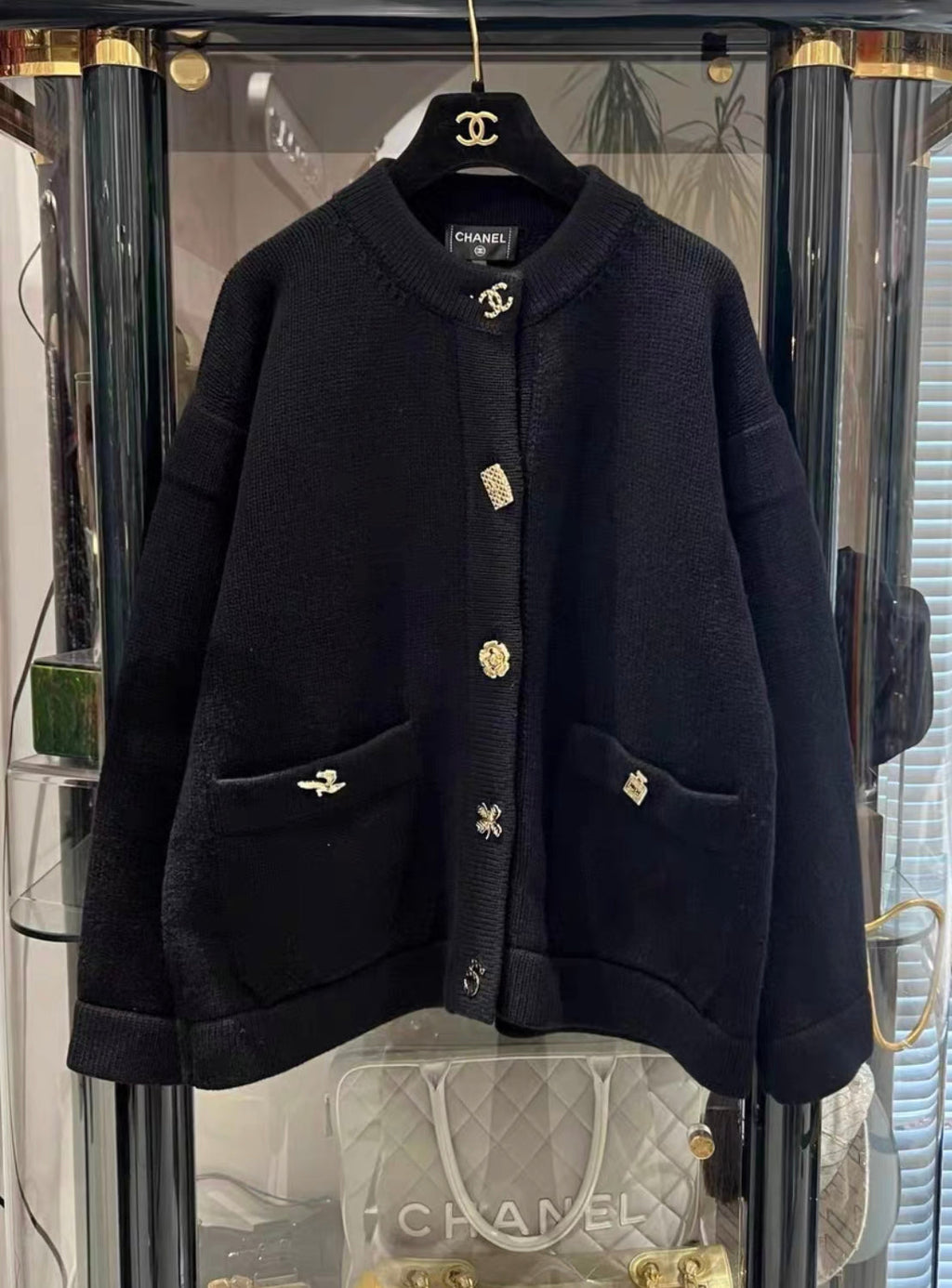 Chanel 22B multi-element cashmere igan, black with light gold metal buttons