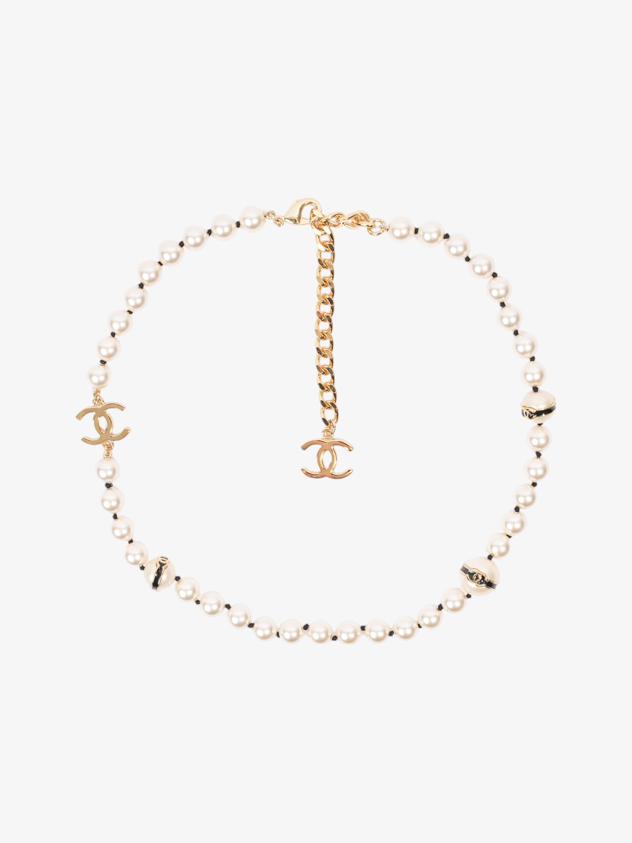 Chanel CC Pearl Necklace Gold Base Metal