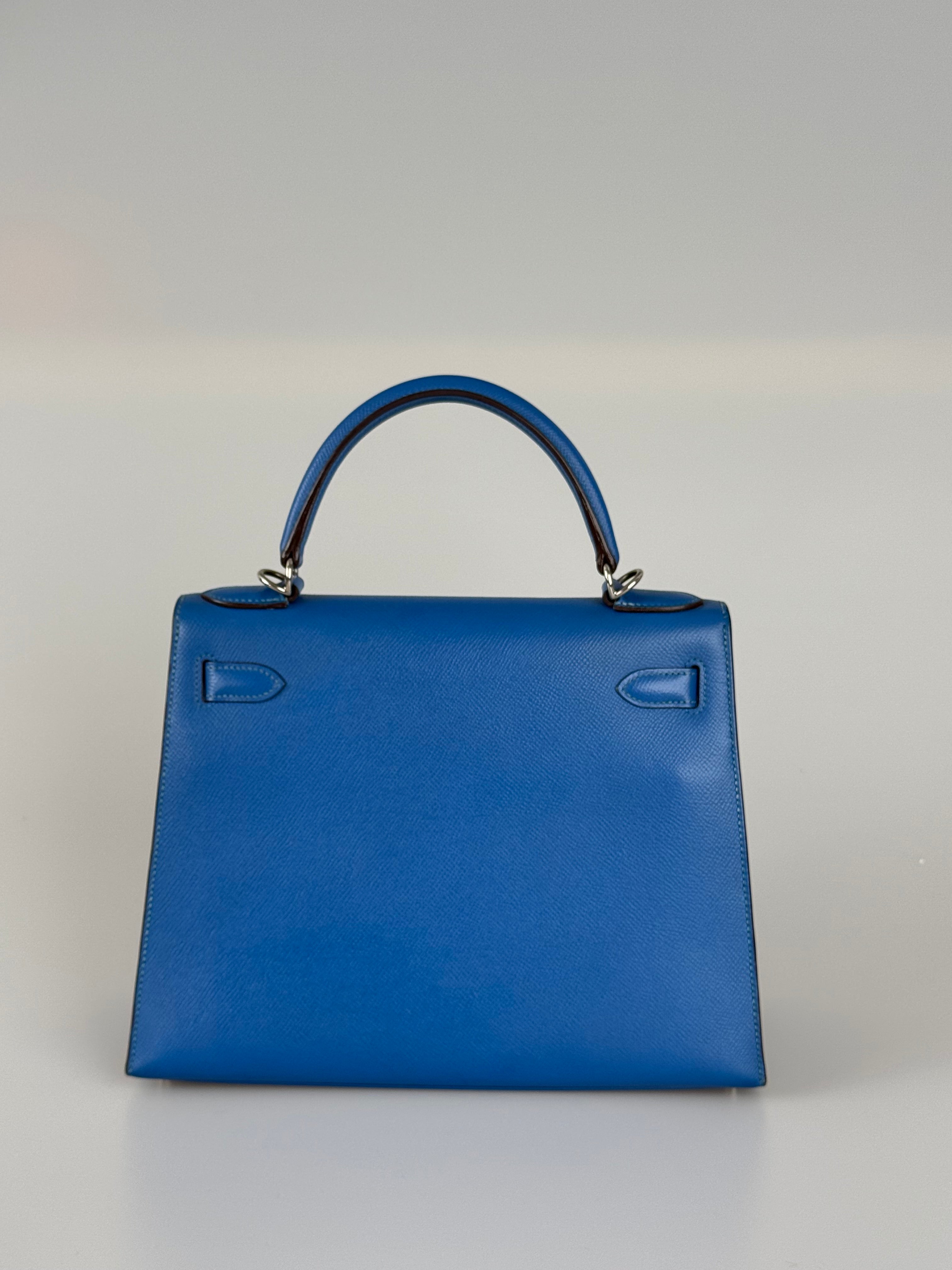 Hermes Kelly 28cm Sellier Bag In Blue Epsom Leather With Silver Hardware