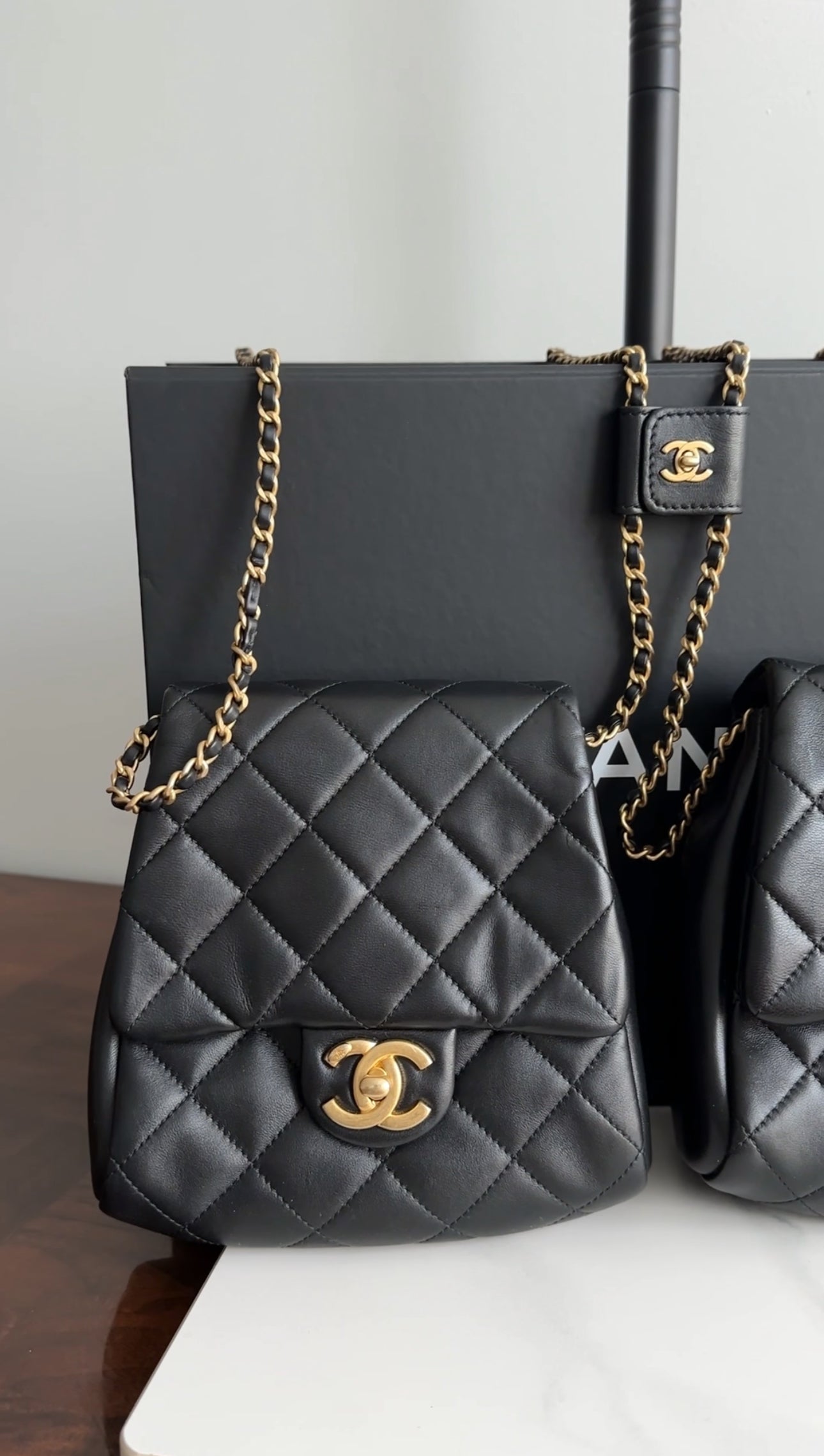 Chanel 19S Runway Black Quilted Lambskin Flap Double Side Pack Bags