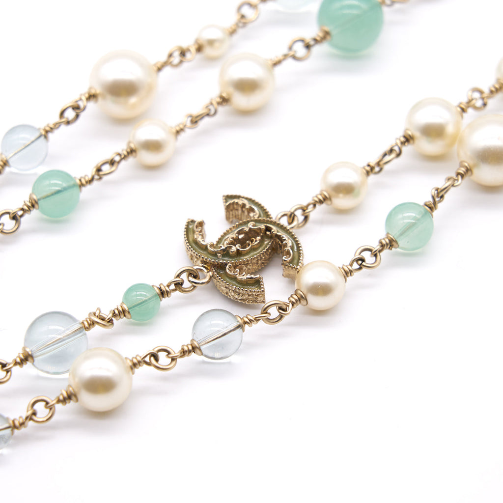 Chanel CC Pearl Gold Tone Pendant Double Chain Vintage Necklace
