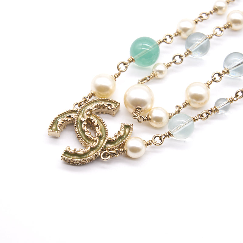 Chanel CC Pearl Gold Tone Pendant Double Chain Vintage Necklace