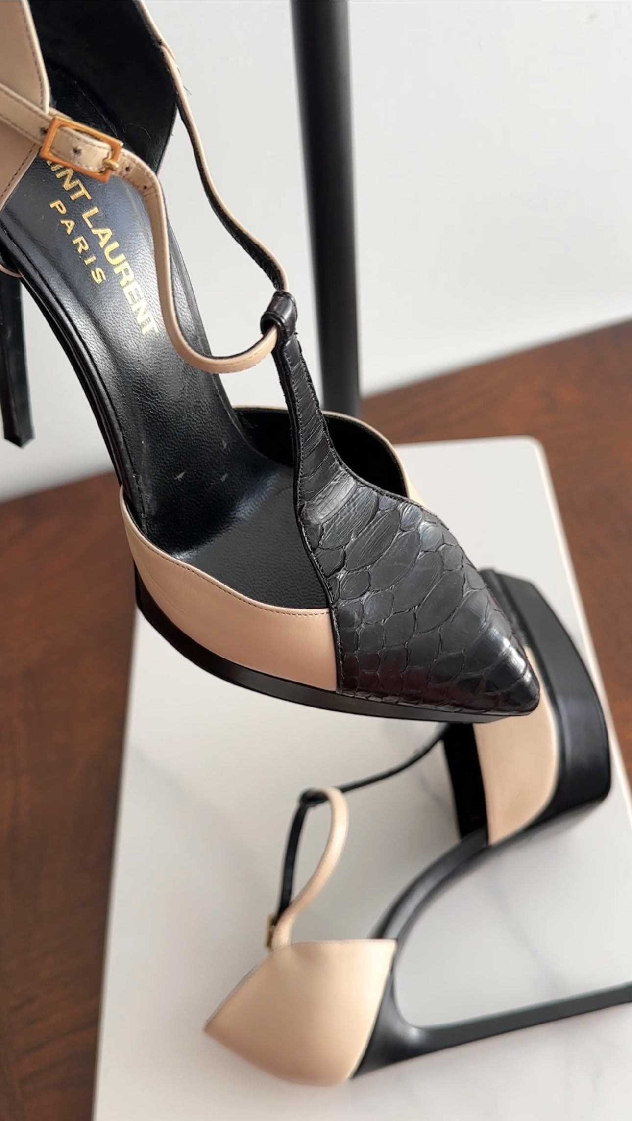 Saint Laurent Beige and Black Python T-strap Heels - 36.5