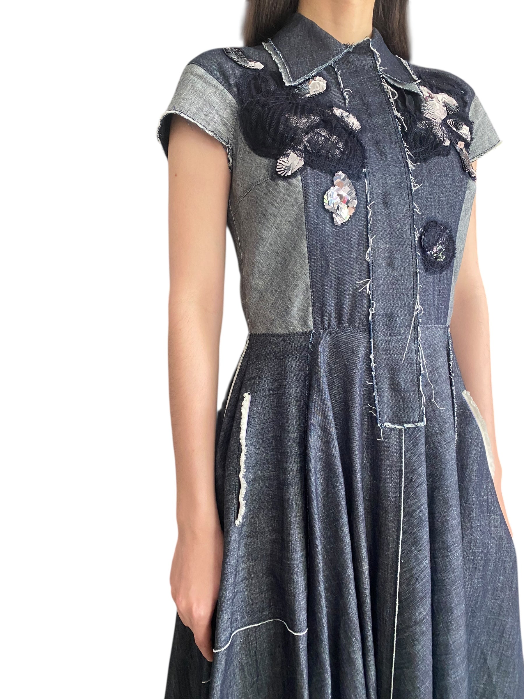 Bottega Veneta Denim Panel Asymmetrical Sequin Embellished Dress - IT40 / S