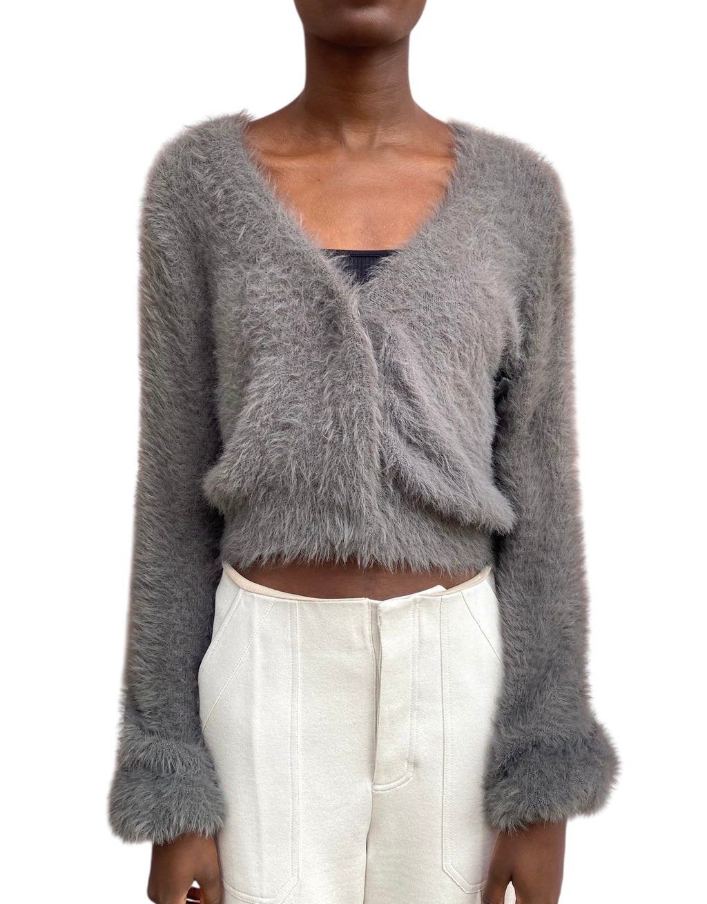 Alberta Ferretti Grey Fuzzy Cropped igan - US 6