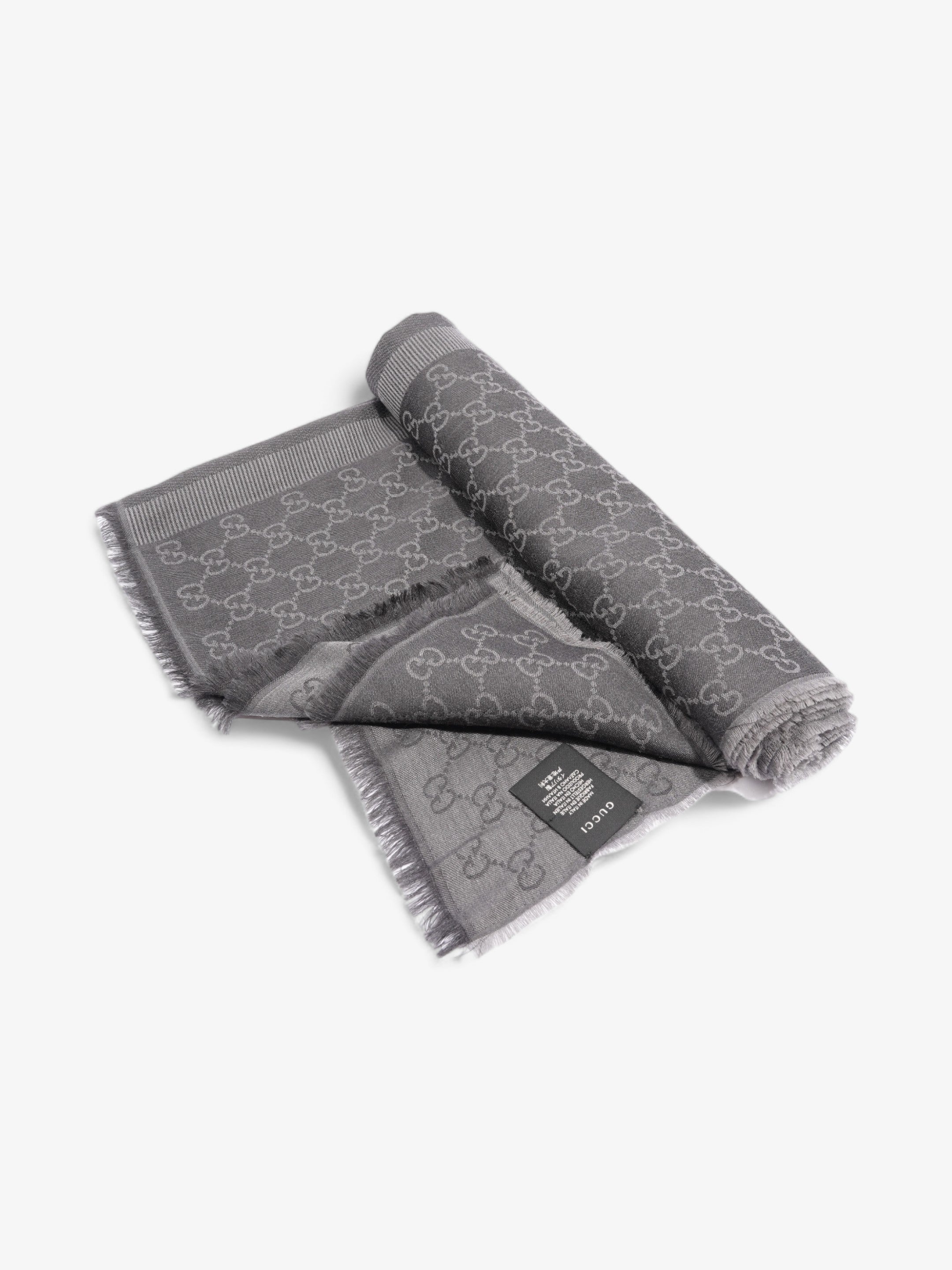 Gucci GG Logo Scarf Grey Wool 70 x 195cm